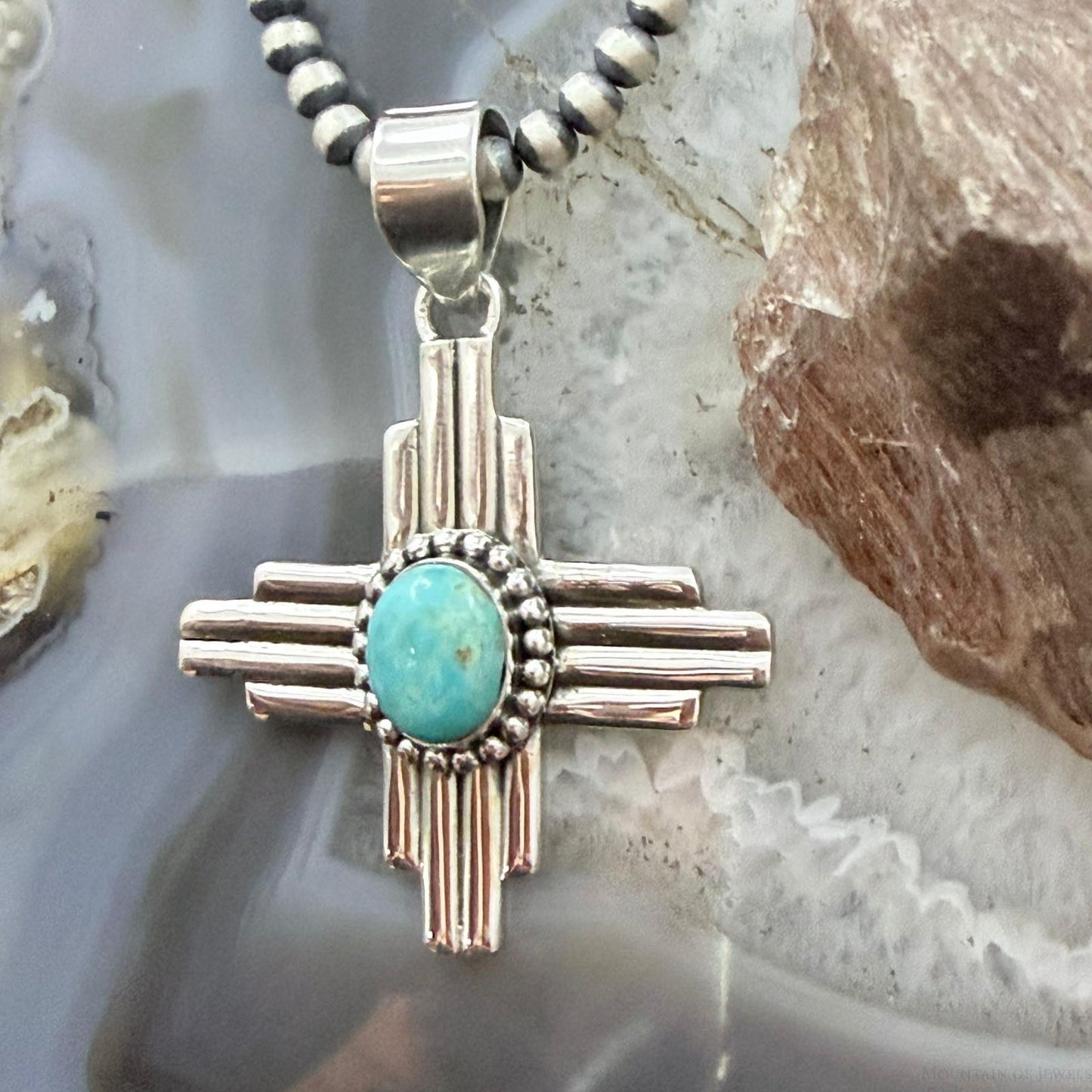 Sterling Silver Southwestern Style Oval Mohave Turquoise Unisex Zia Pendant #1