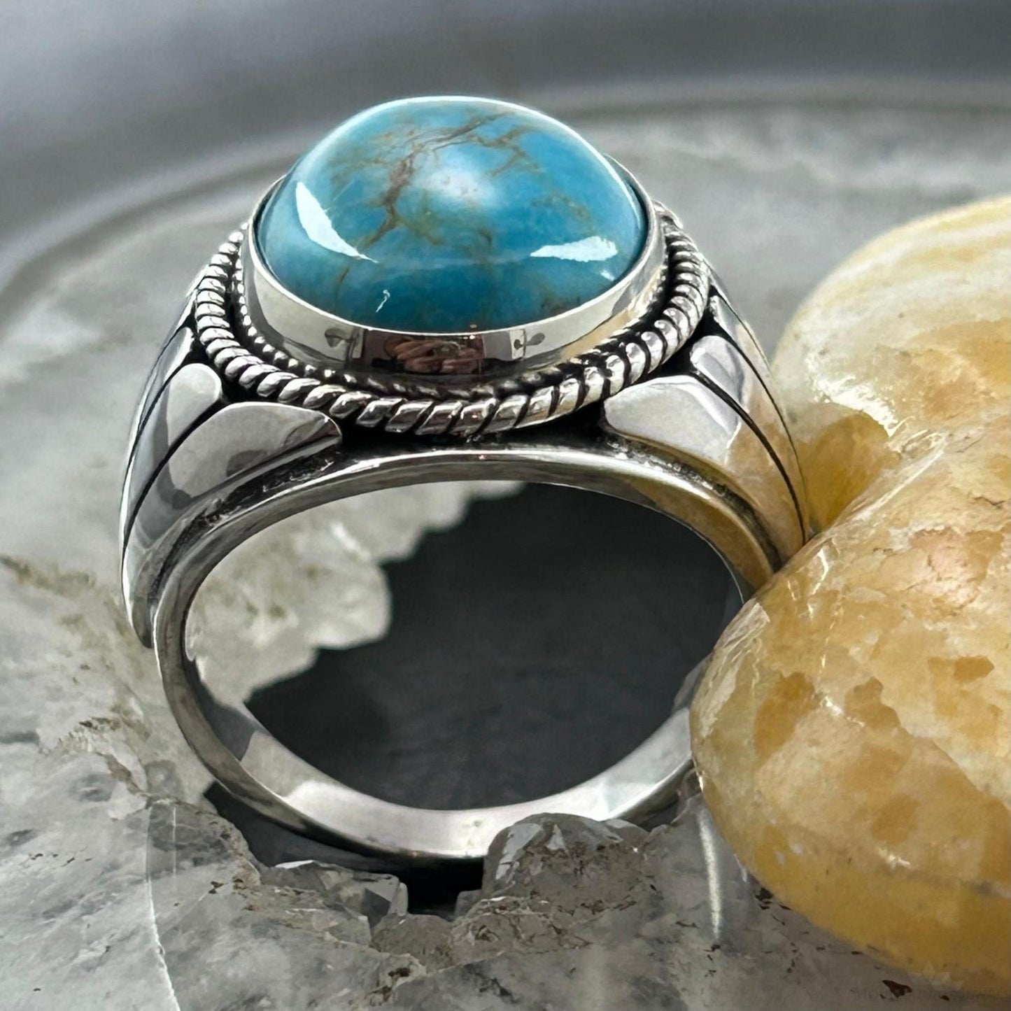 Native American Sterling Silver Oval Turquoise Shield Ring Size 10.75 For Men