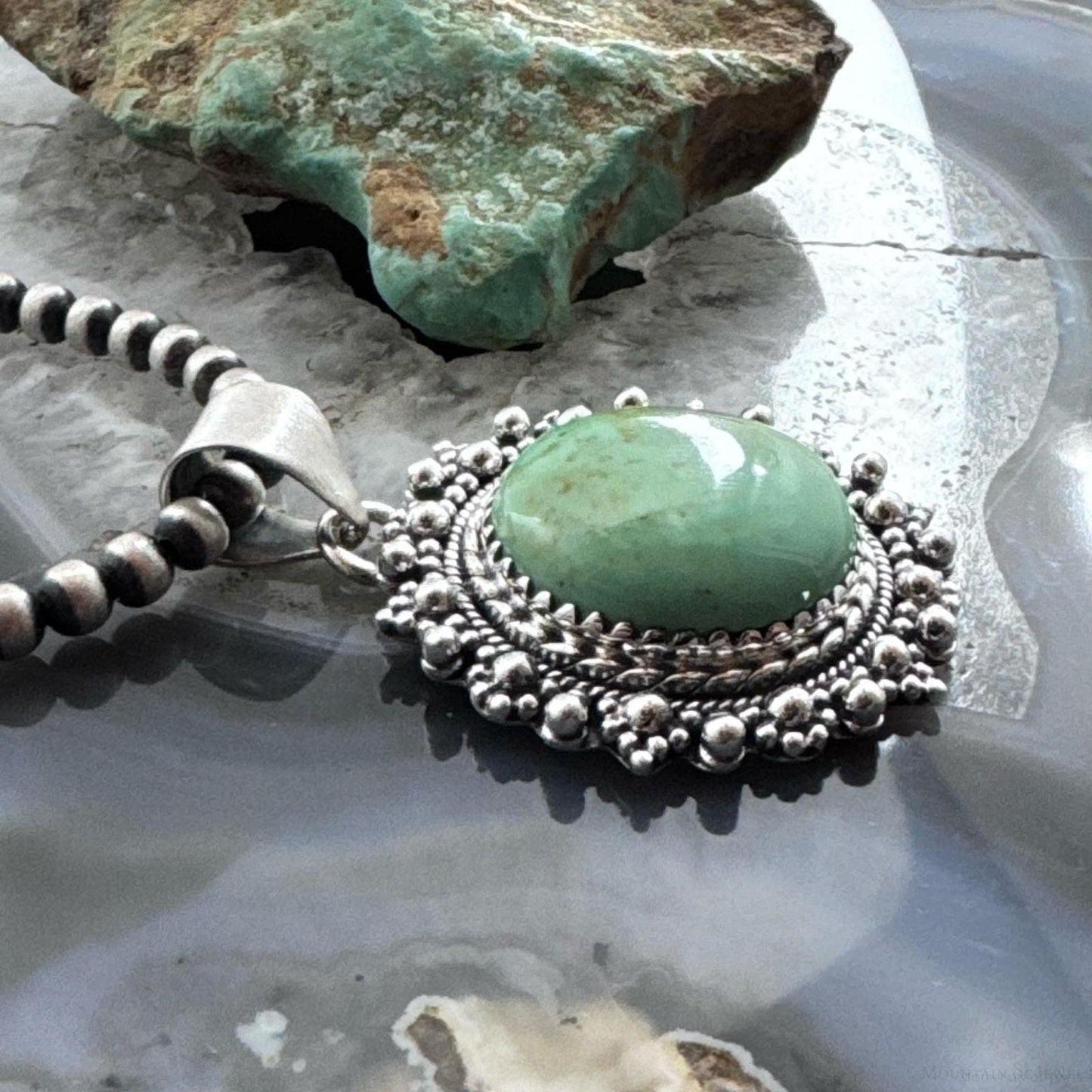Sterling Silver Southwestern Style Round Green Turquoise Decorated Pendant For Women