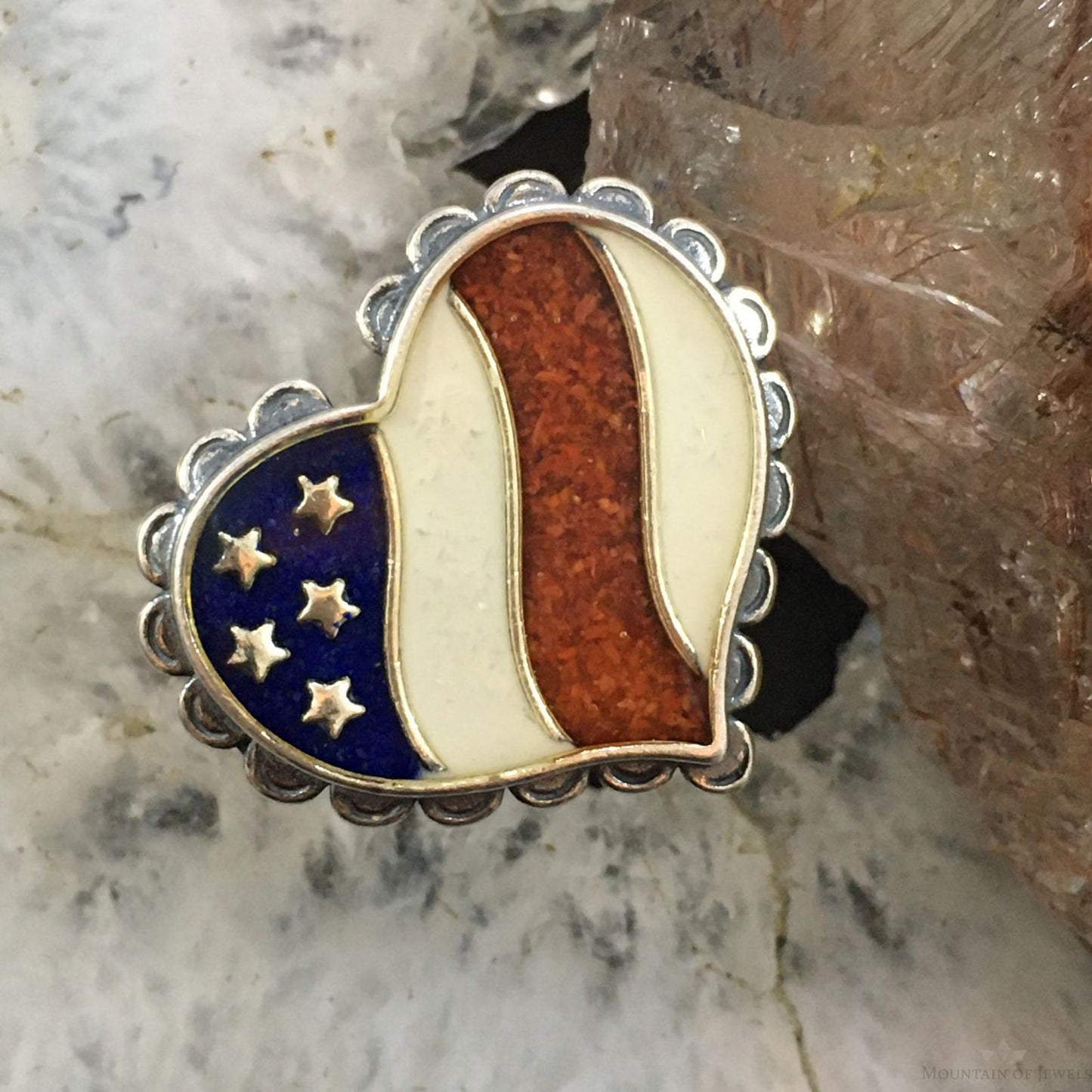Carolyn Pollack Vintage Southwestern Style Sterling Silver Heart Shape American Flag Ring For Women