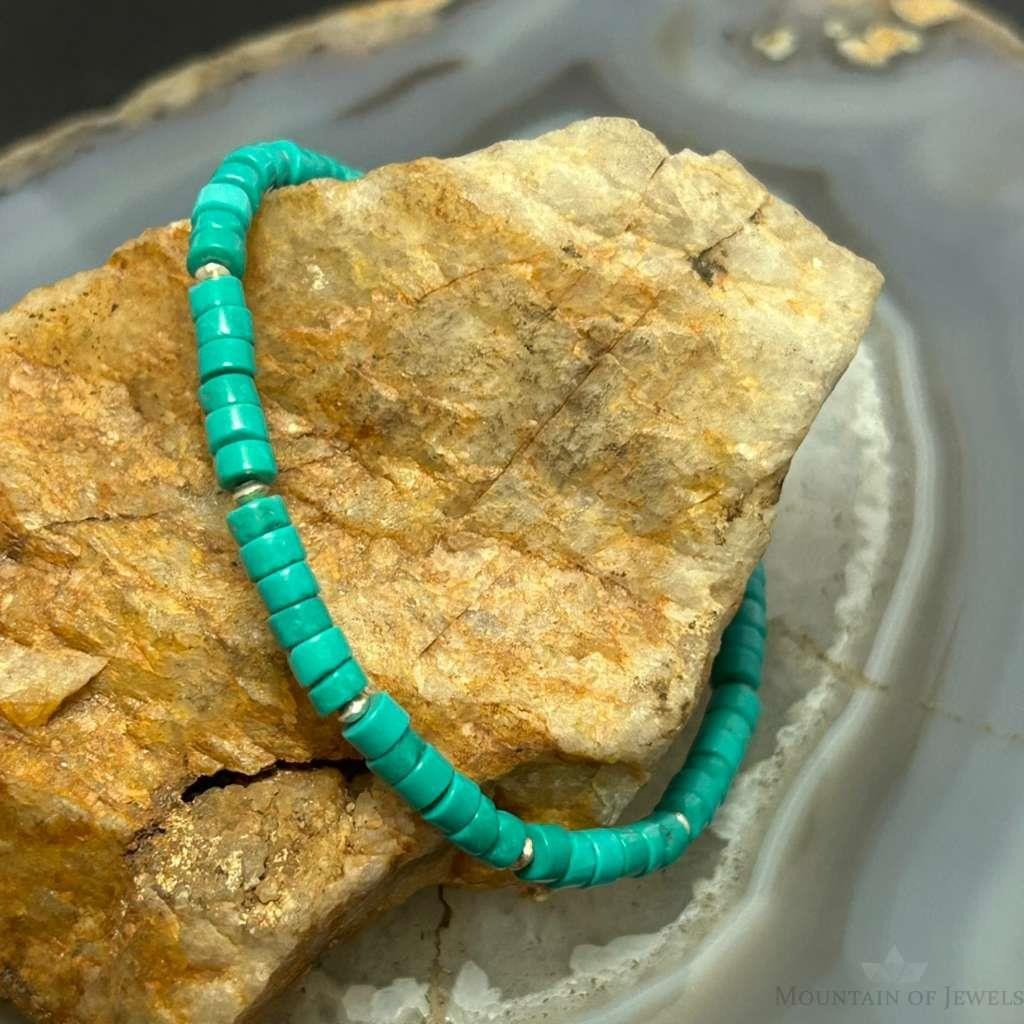 Sterling Silver Turquoise Disk Beads w/Silver Beads 7.5" Bracelet For Women