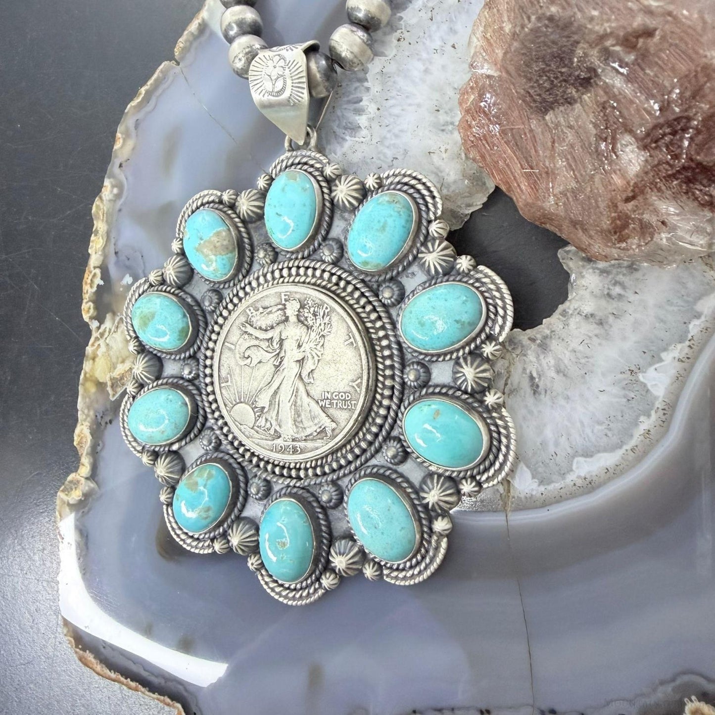 Genuine 90% Silver Walking Liberty Half Dollar Coin w/Turquoise Unisex Pendant