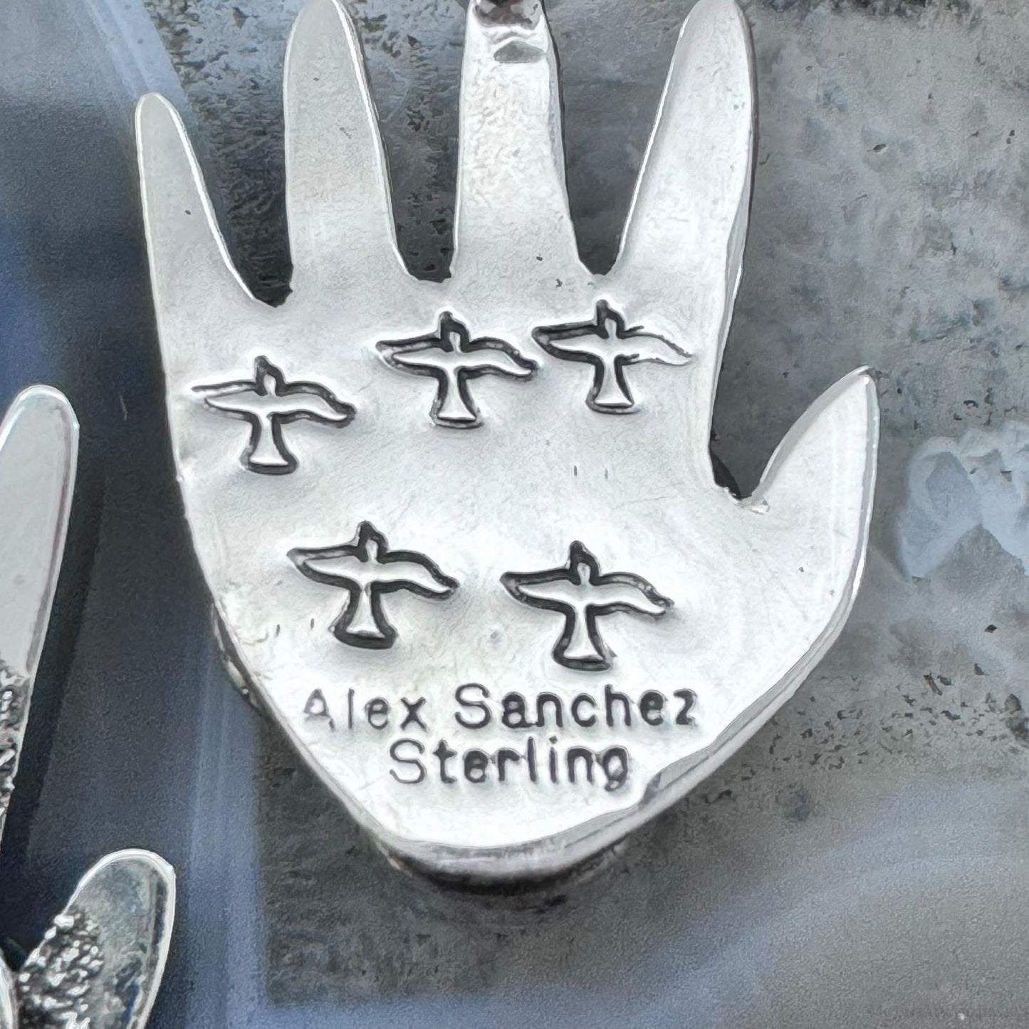 Alex Sanchez Sterling Silver Ancestors Hand Petroglyph w/Coral Dangle Earrings For Women #1