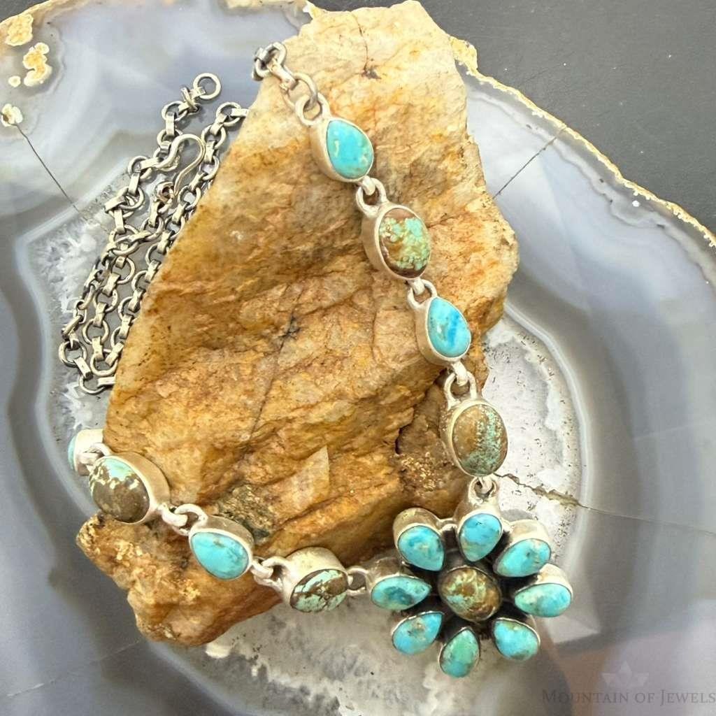 Sterling Silver Southwestern Style Turquoise 20" Cluster Necklace For Women