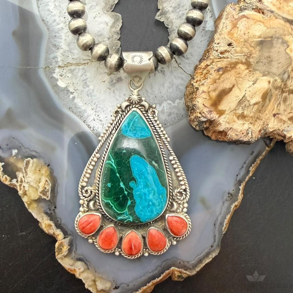 Sterling Silver Southwestern Style Teardrop Malachite Chrysocolla & Spiny Oyster Pendant For Women
