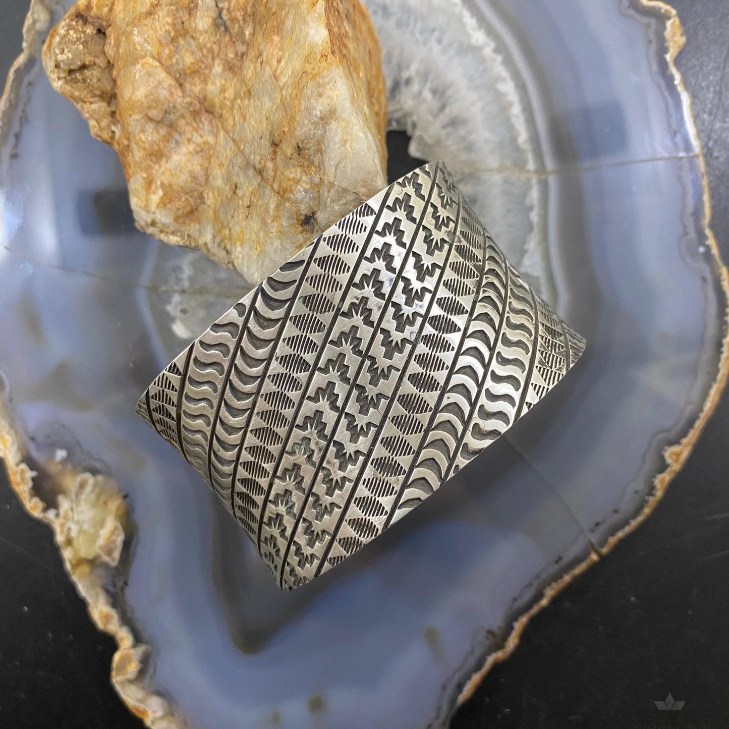 J J Otero Native American Sterling Silver Stamped Wide Heavy Gauge Bracelet
