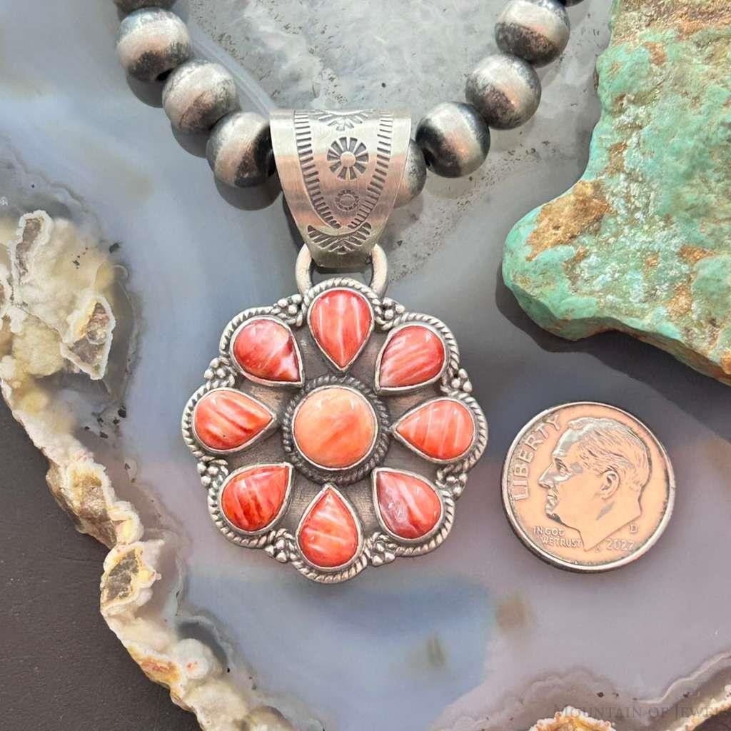 Native American Sterling Silver Orange Spiny Oyster Cluster Pendant For Women