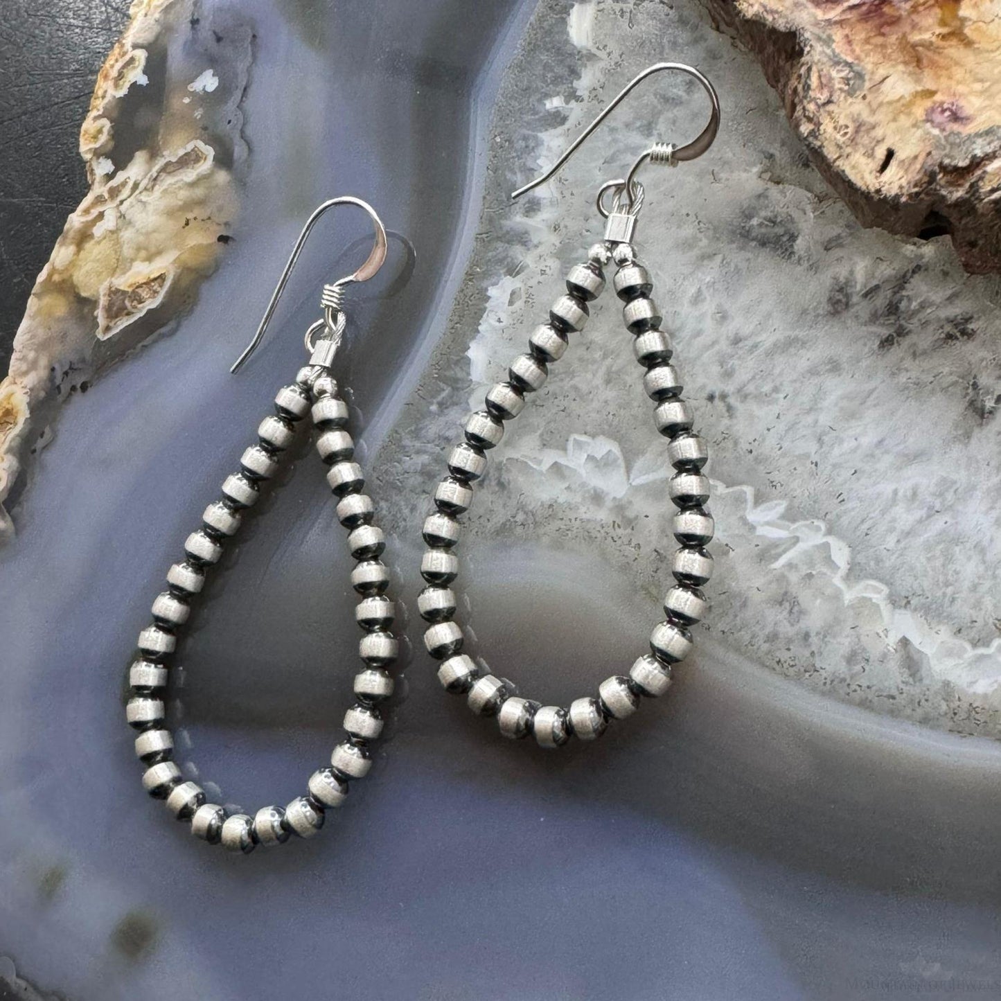 Native American Sterling Silver 4 mm Navajo Pearl Bead Hoop Earrings For Women
