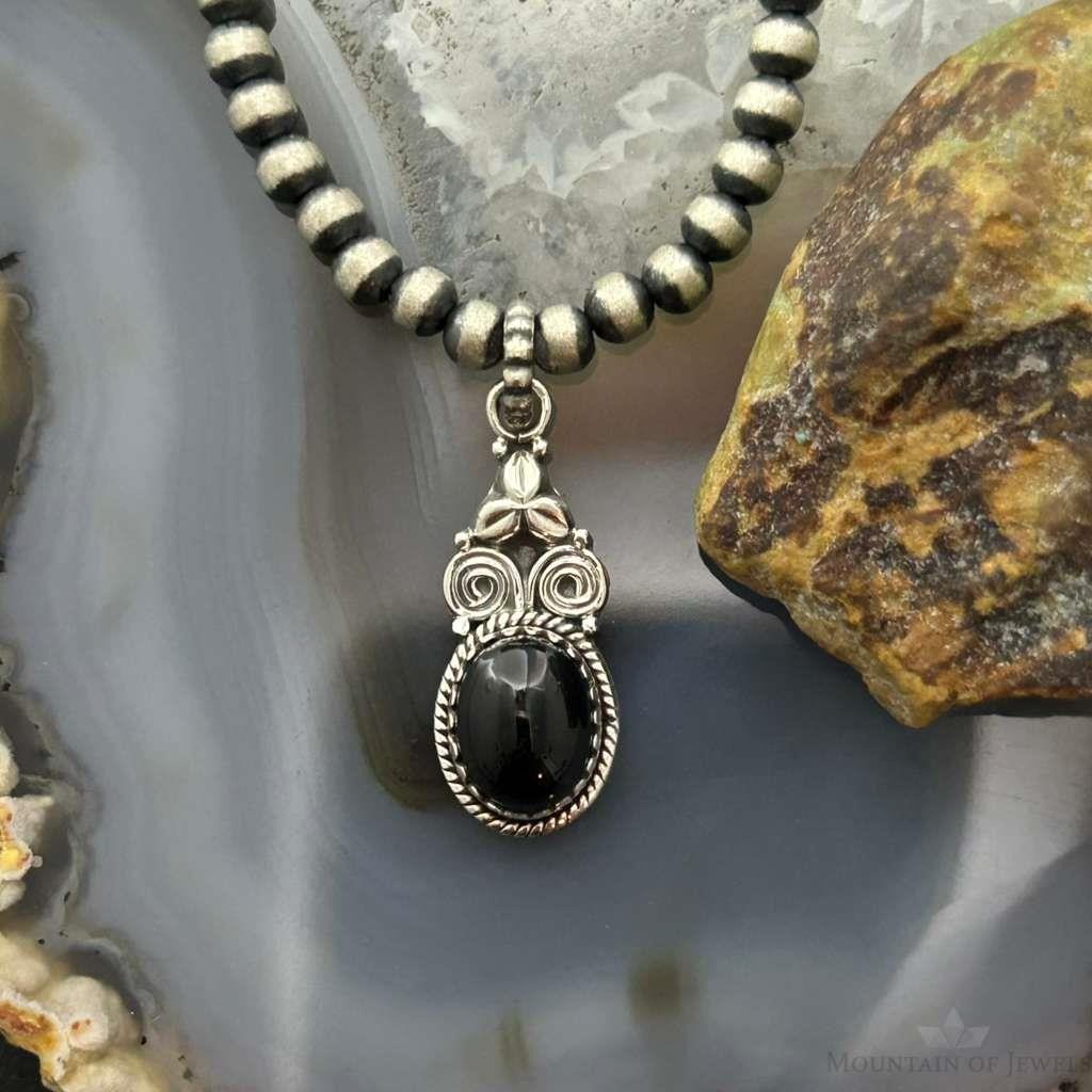 Sterling Silver Southwestern Style Oval Onyx Decorated Charm/Pendant For Women