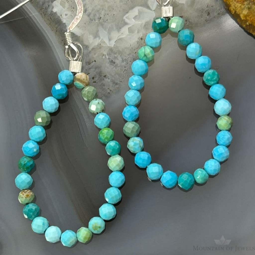 Sterling Silver Faceted Variety of Turquoise Shades Beads Hoop Earrings For Women