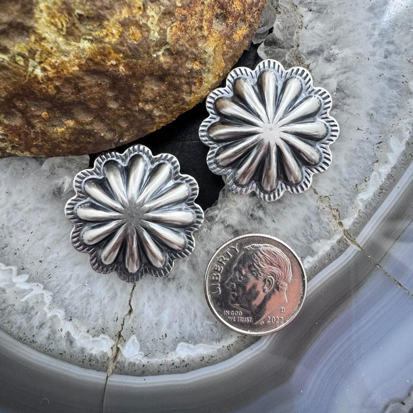 Native American Sterling Silver Repousse Large Concho Stud Earrings For Women