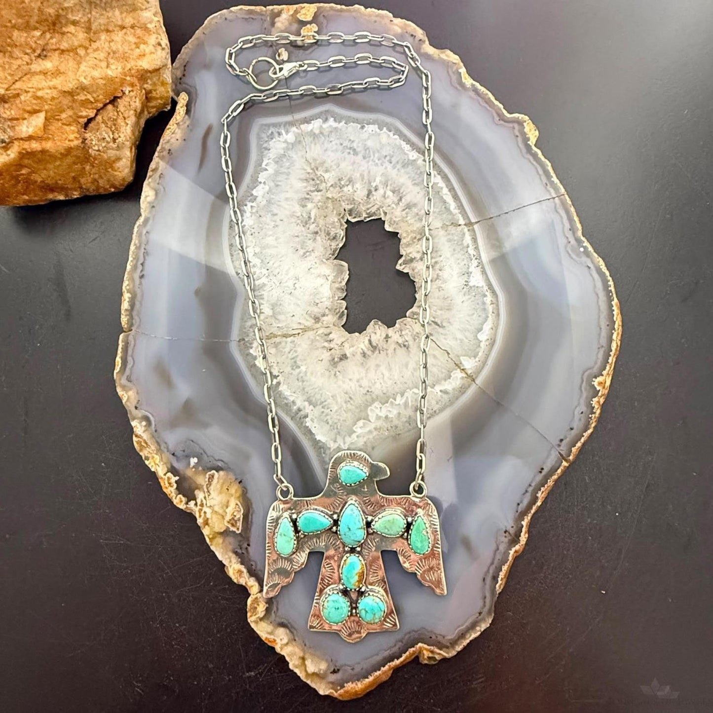 Sterling Silver Southwestern Style Kingman Turquoise Thunderbird Pendant Necklace For Women #1
