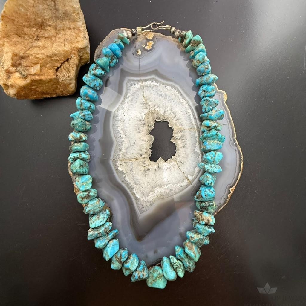 Vintage Native American Silver Rough Graduated kingman Turquoise 18" Necklace For Women