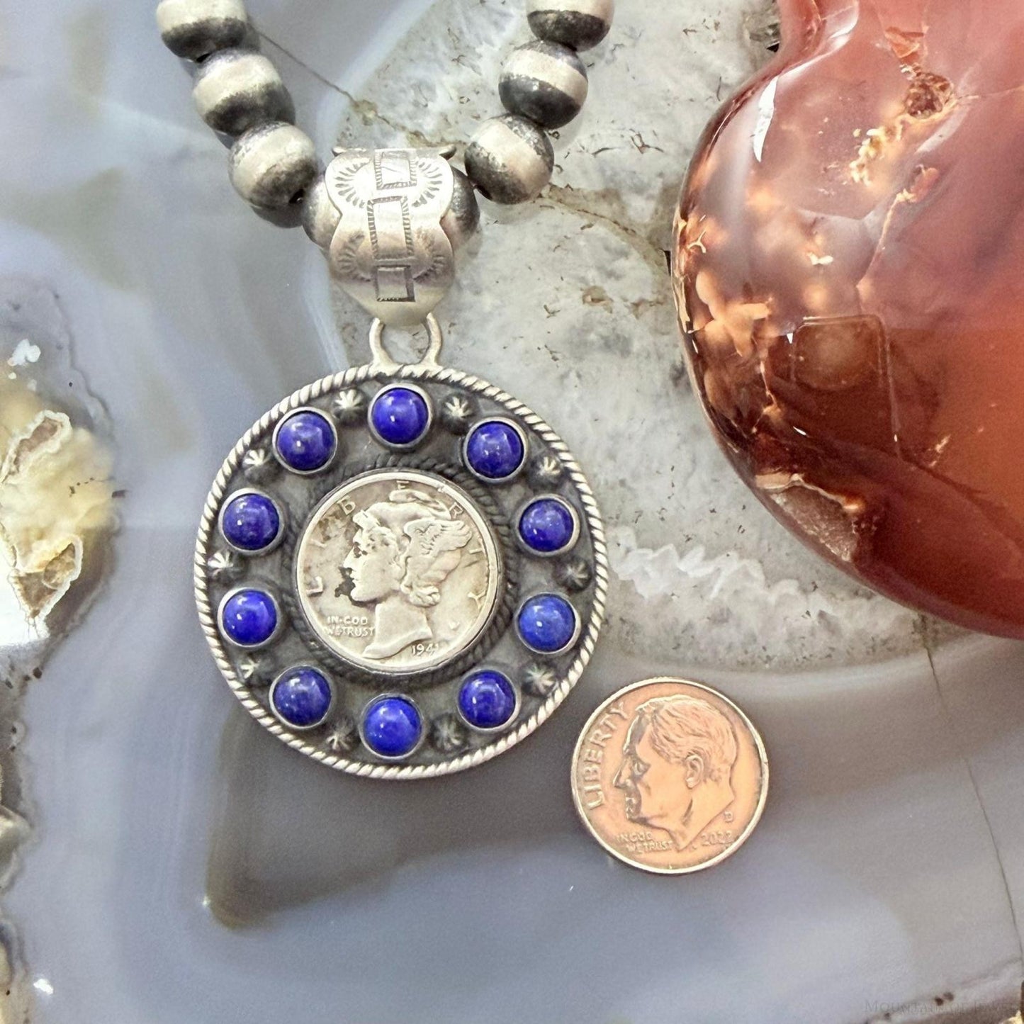 Genuine 1941 90% Silver Mercury Dime Coin w/Lapis Decorated Unisex Pendant #1