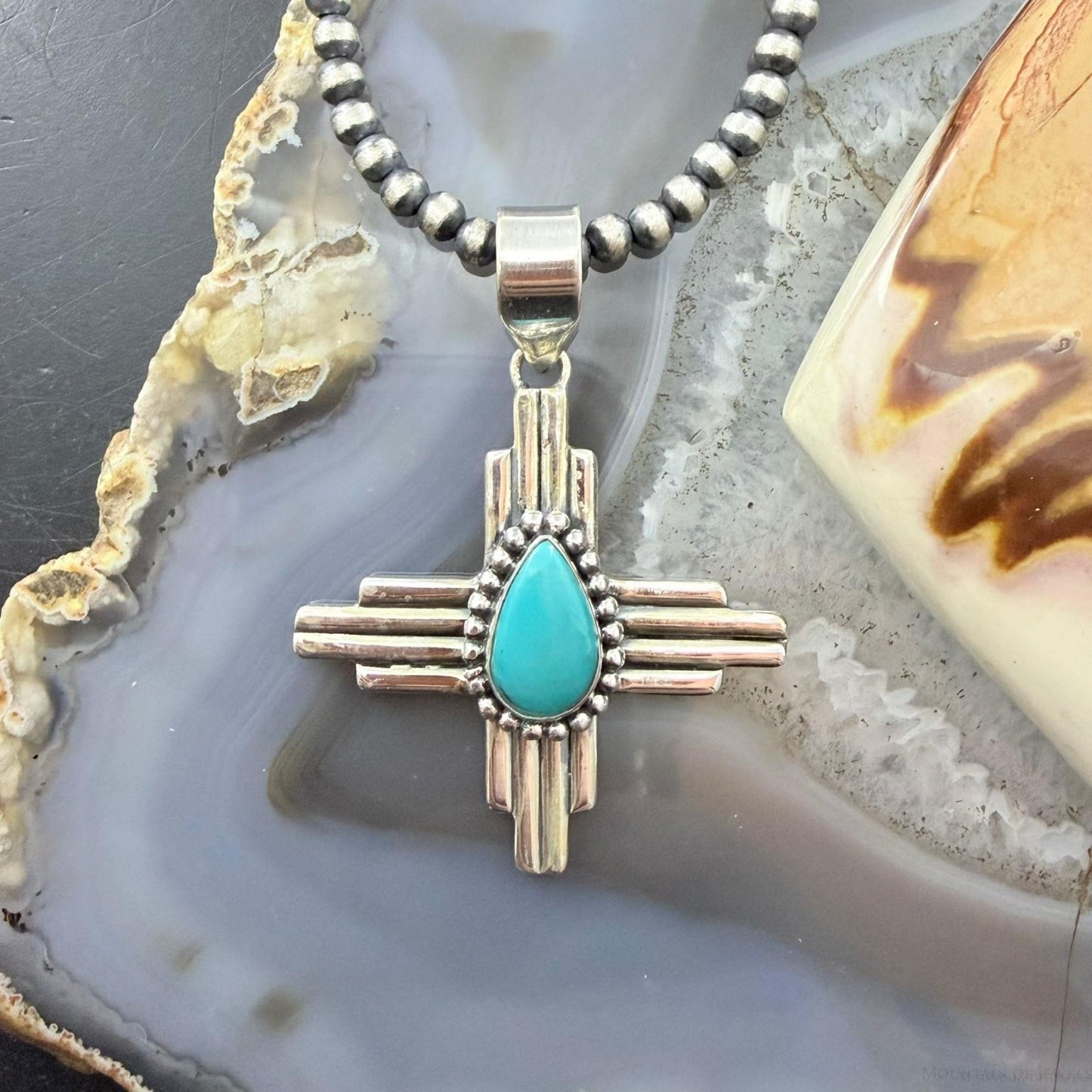 Sterling Silver Southwestern Style Teardrop Turquoise Unisex Zia Pendant