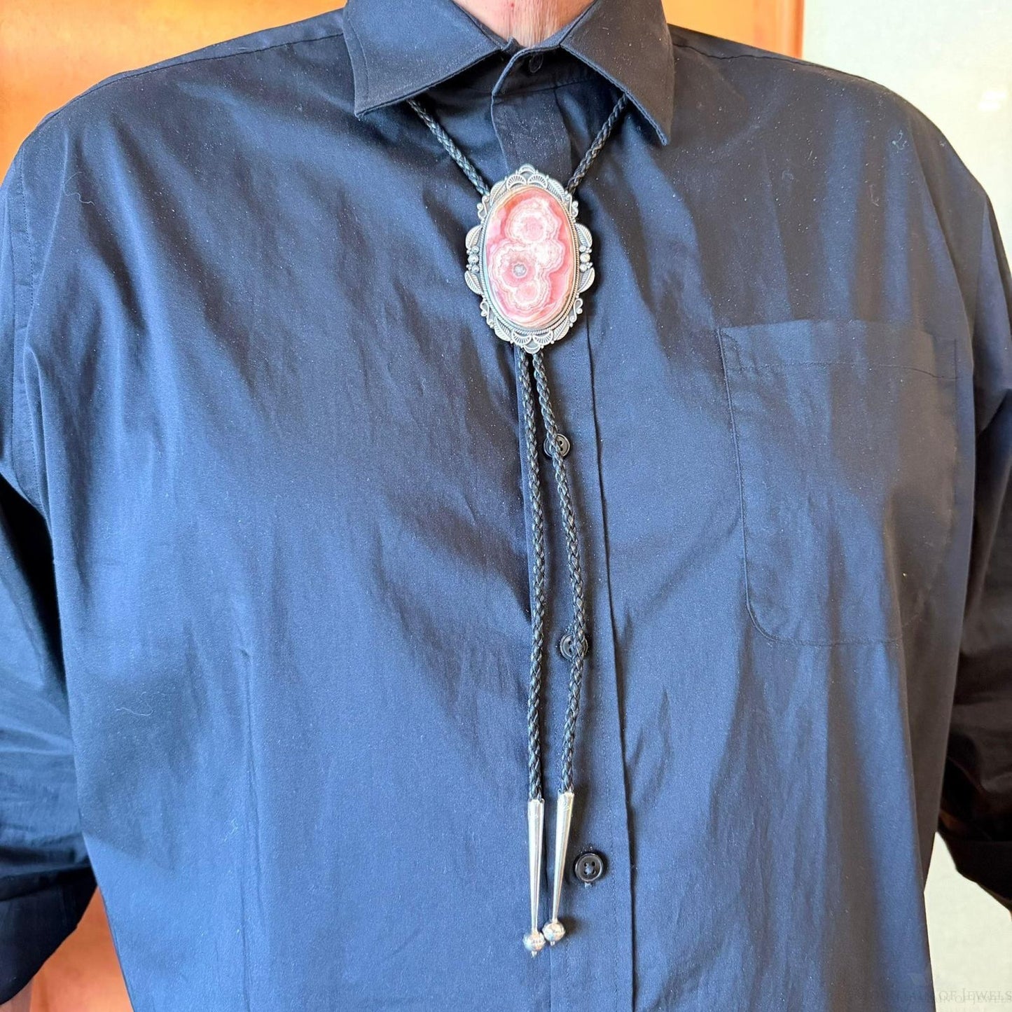 Sterling Silver Southwestern Style Oval Large Rhodochrosite Bolo Tie For Men