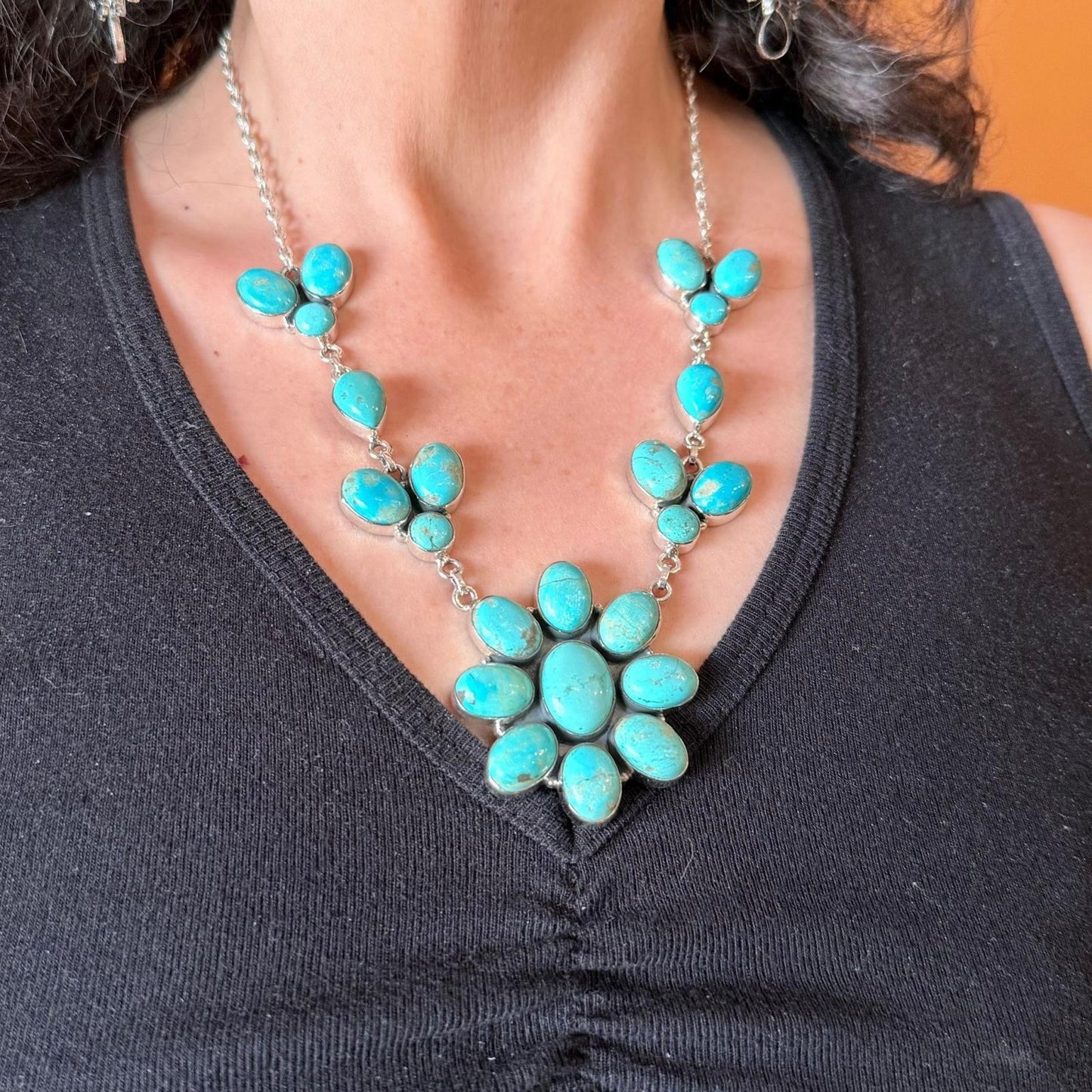 Sterling Silver Southwestern Style Royston Turquoise Cluster 18" Necklace For Women