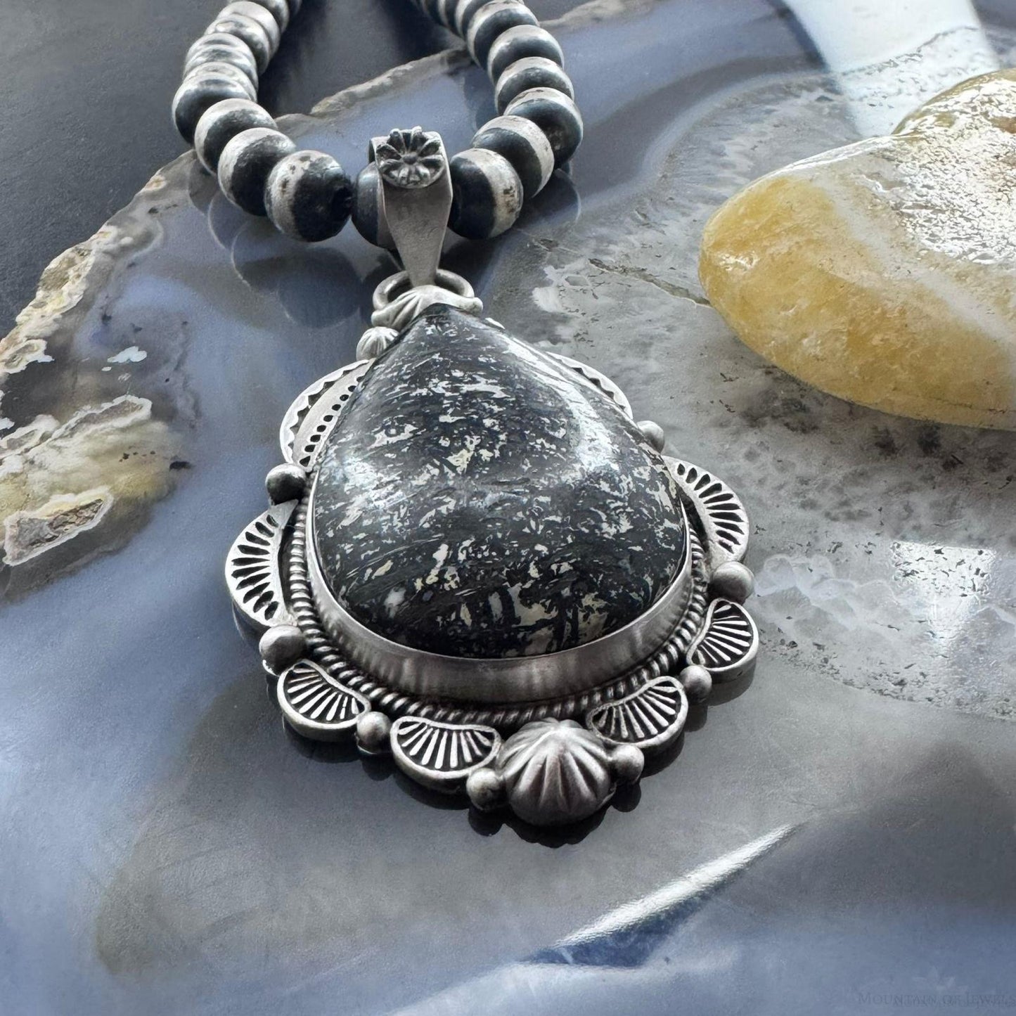 Sterling Silver Southwestern Style Teardrop Petrified Wood Decorated Pendant For Women