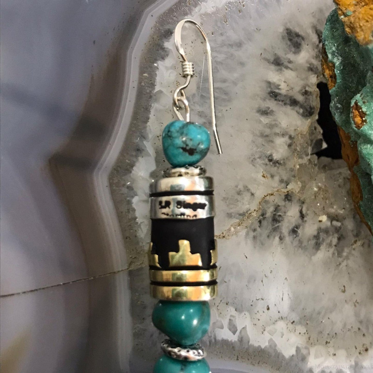 Tommy & Rosita Singer Sterling Silver & GF Barrel and Turquoise Bead Dangle Earrings For Women