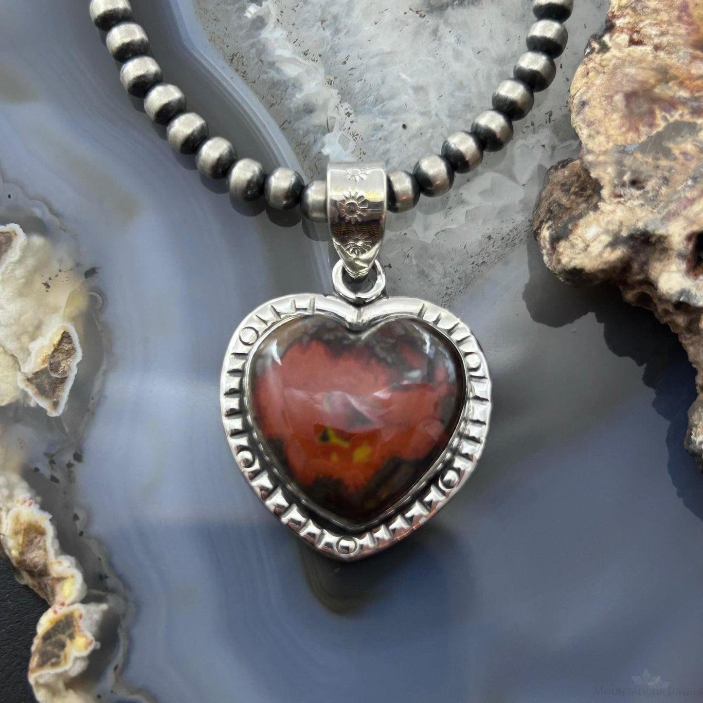 Sterling Silver Southwestern Style Seam Agate Heart Decorated Pendant For Women #1