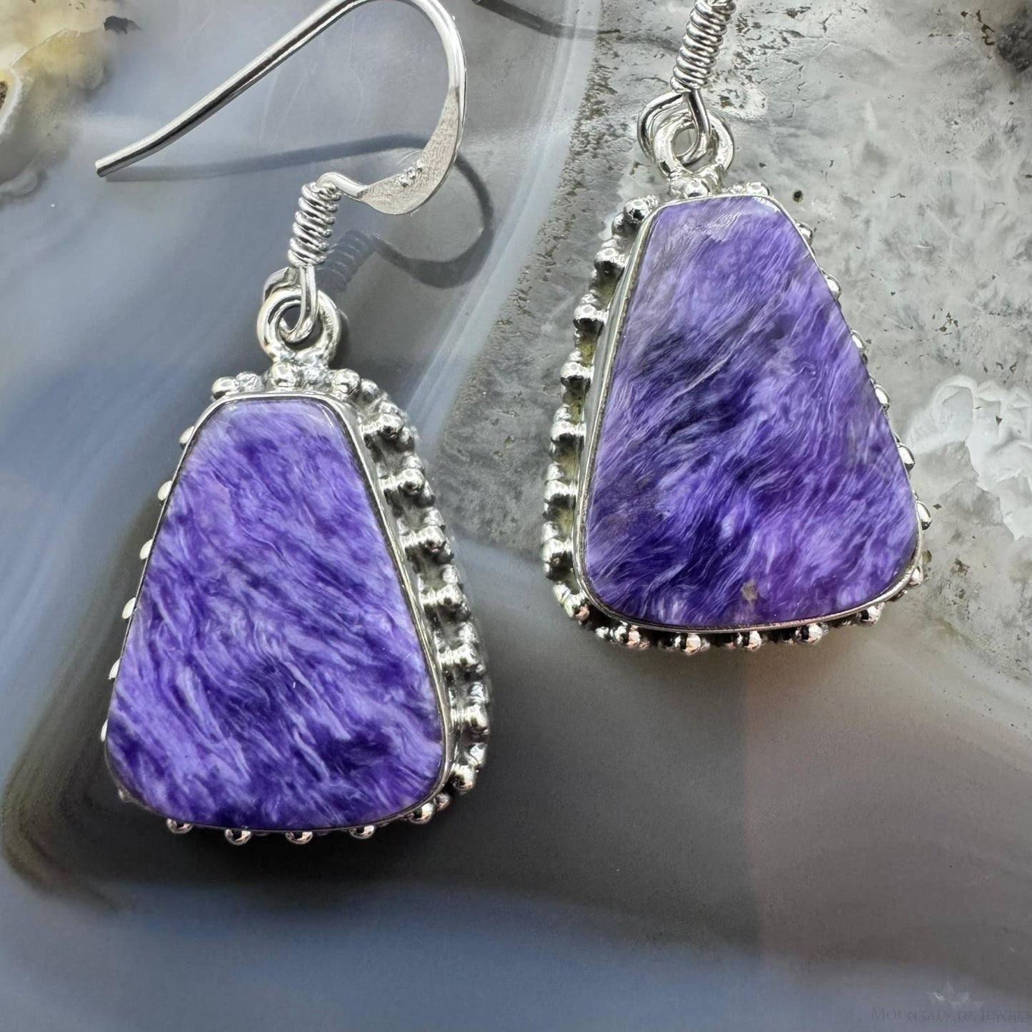 Sterling Silver Southwestern Style Trapezoid Charoite Decorated Dangle Earrings For Women