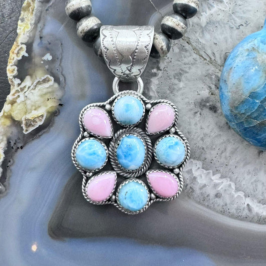 Native American Sterling Silver Pink Conch & Larimar Cluster Pendant For Women