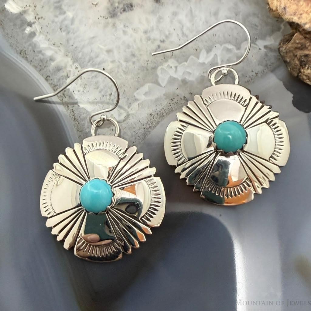 Michael Nez Navajo Sterling Silver Round Turquoise Stamped Dangle Earrings For Women