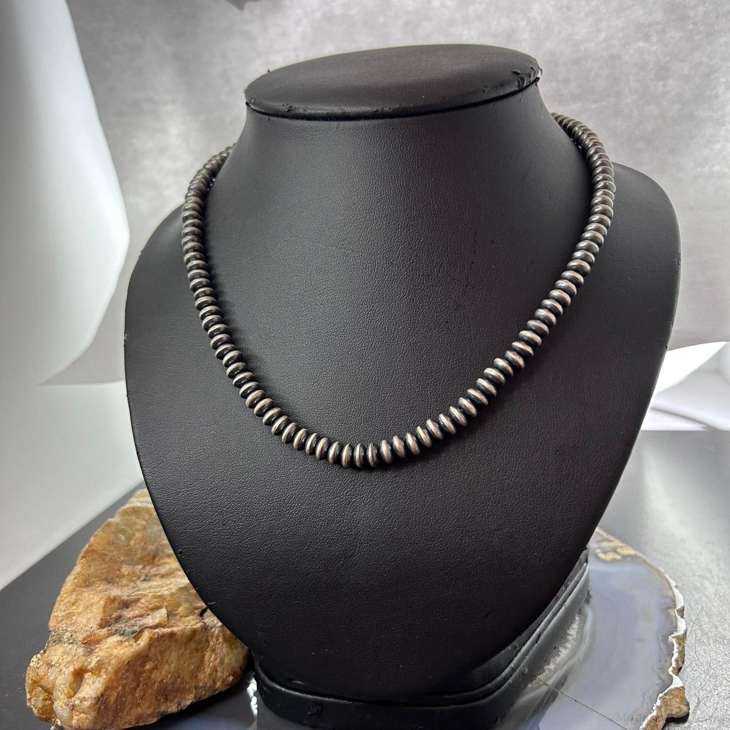 Sterling Silver Southwestern Style 6 mm Saucer Navajo Pearl Beads 16"-18" Necklace For Women