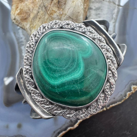 Vintage Native American Silver Large Rounded Malachite Decorated Bracelet For Women
