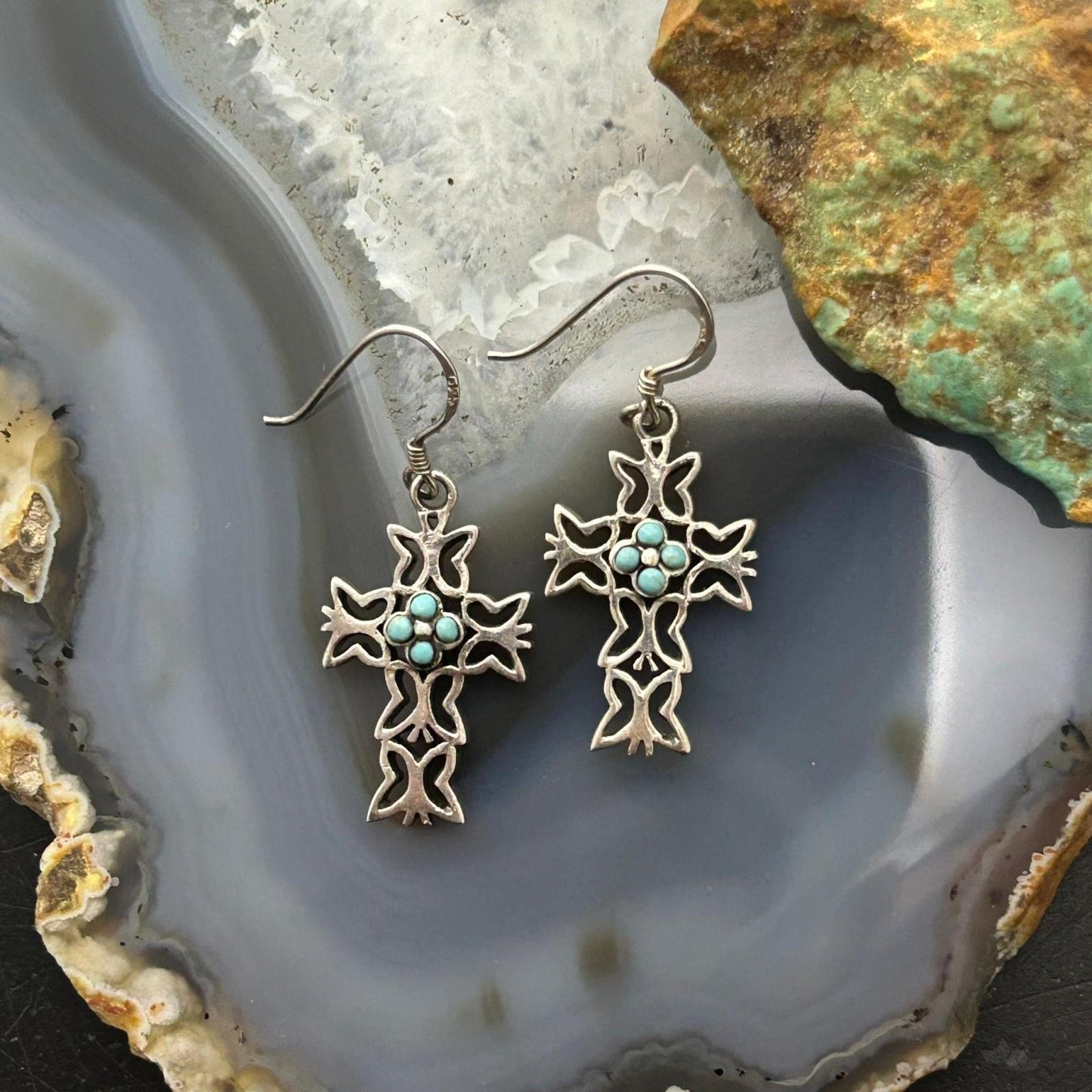 Sterling Silver Southwestern Style Turquoise Cross Dangle Earrings For Women