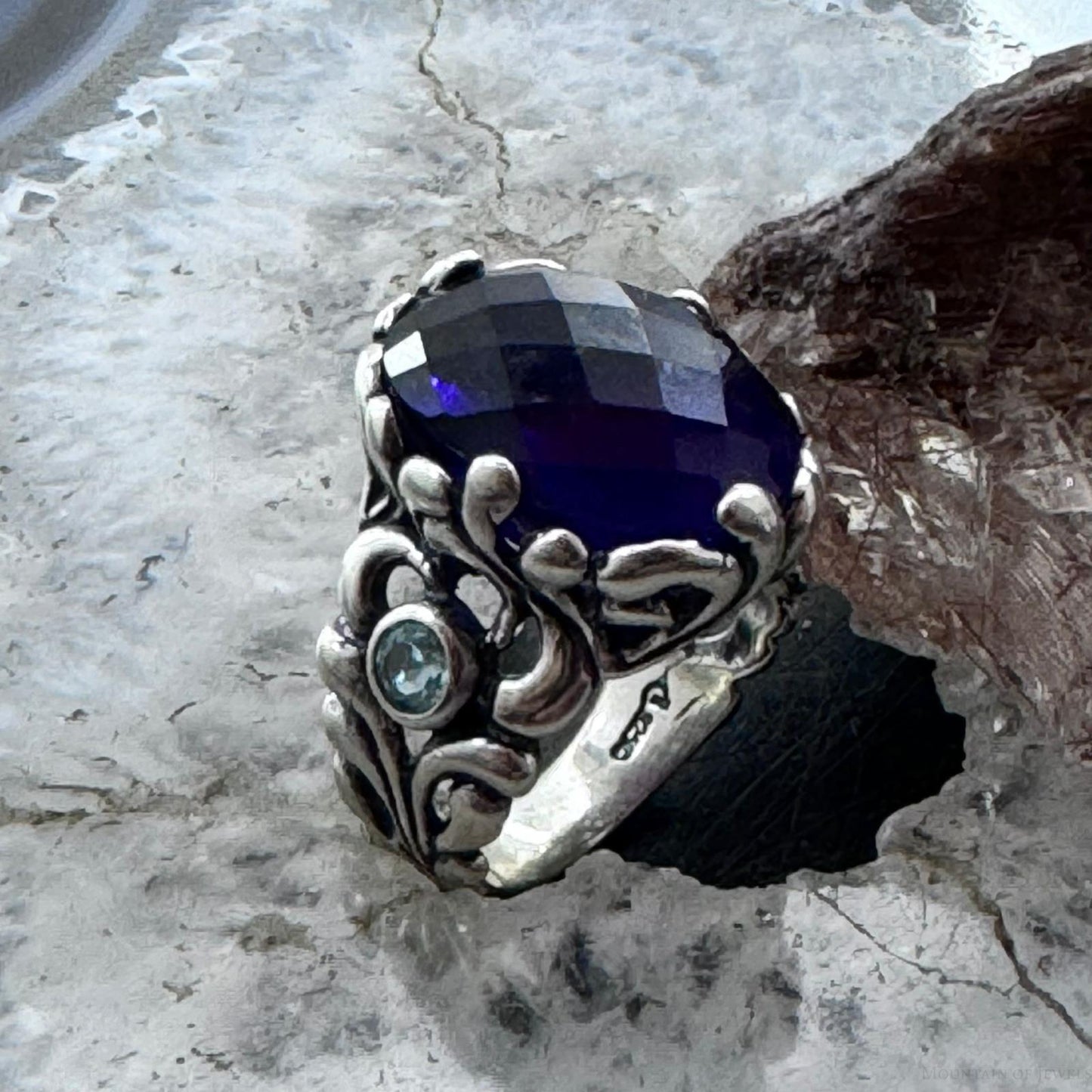 Carolyn Pollack Sterling Silver Faceted Amethyst/2 Blue Topaz Decorated Ring For Women