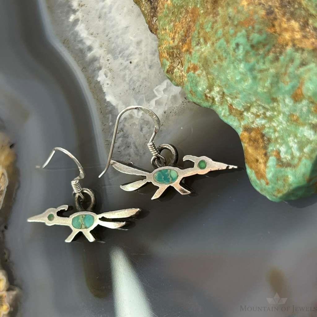 Vintage Silver Native American Roadrunner w/Turquoise Dangle Earrings For Women