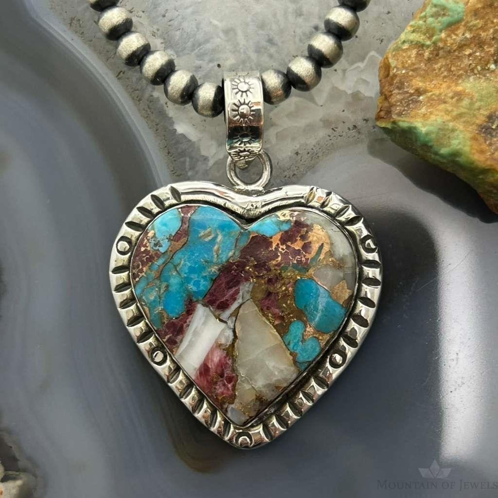 Sterling Southwestern Style Turquoise Spiny Oyster Heart Pendant For Women #2