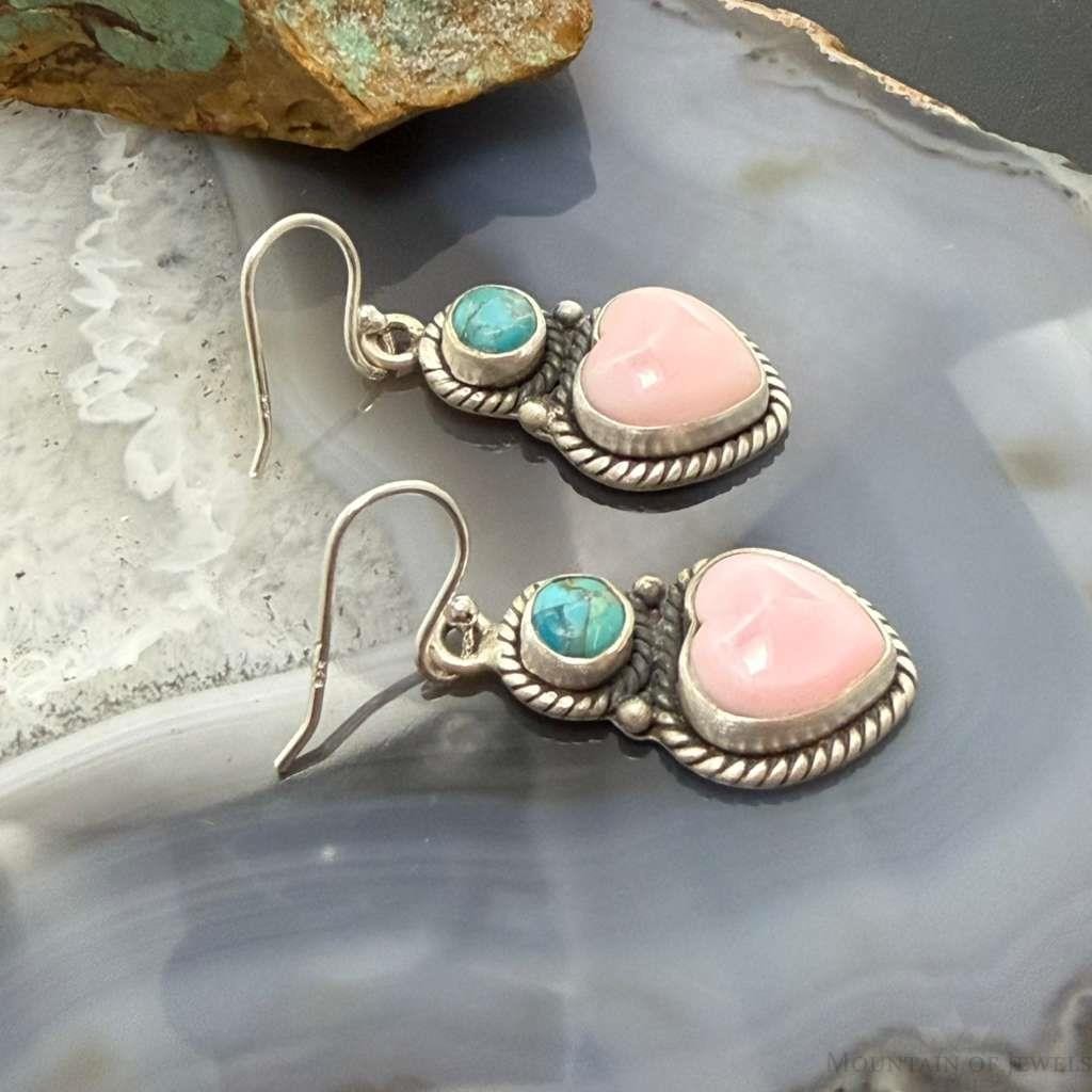 Sterling Silver Southwestern Style Pink Conch & Turquoise Dangle Earrings For Women