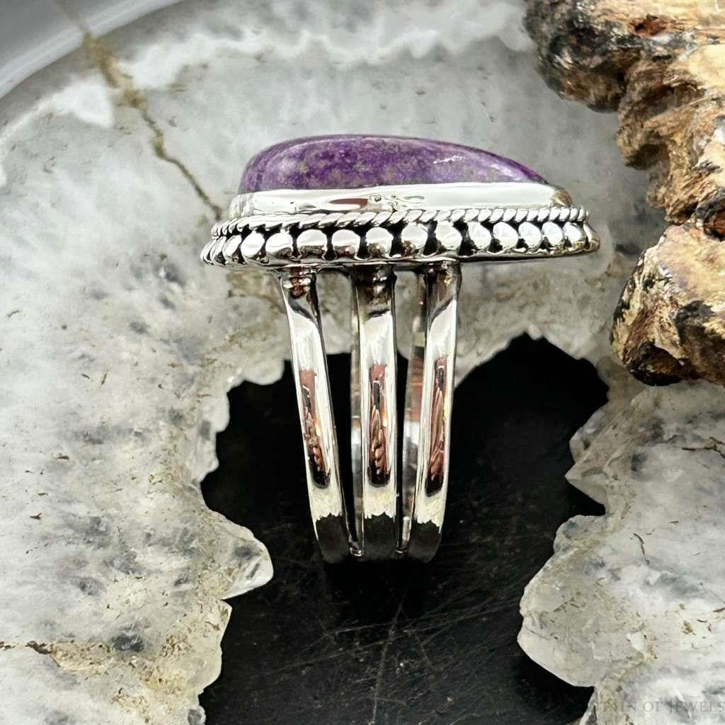 Sterling Silver Southwestern Style Teardrop Stichtite Decorated Ring Size 6.75 For Women
