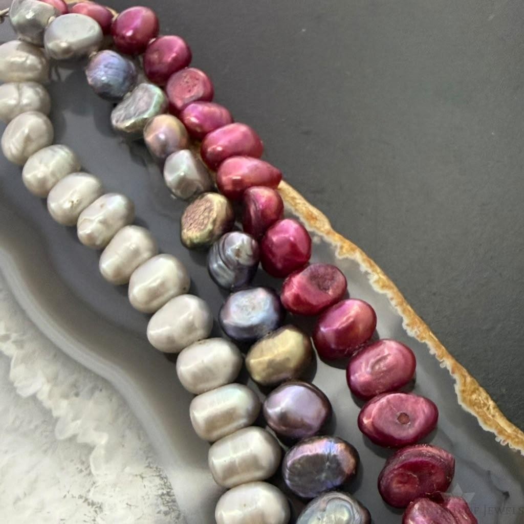 Sterling Silver 3 Strands Pink,Black,Gray Freshwater Pearl 17'-19" Necklace