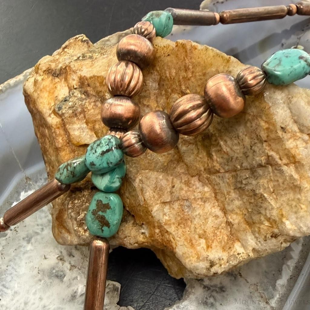 Southwestern Style 3-9.5mm Copper Navajo Pearl Round,Cylinder w/Carico Lake Turquoise 22" Necklace For Women