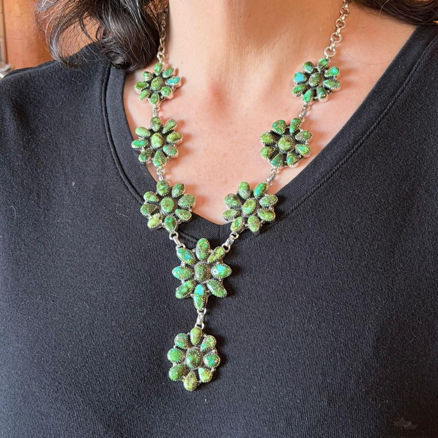 Sterling Silver Southwestern Style Sonora Gold Turquoise Cluster 19" Necklace For Women
