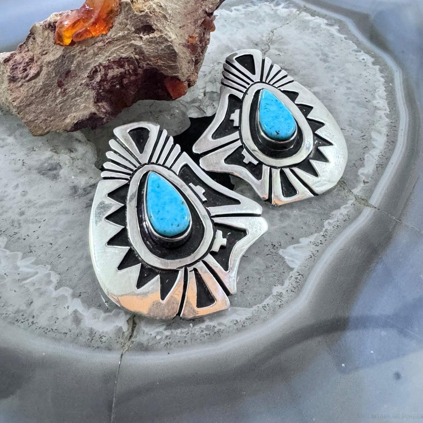 Abraham Begay Native American Sterling Silver Teardrop Turquoise Overlay Post Earrings For Women