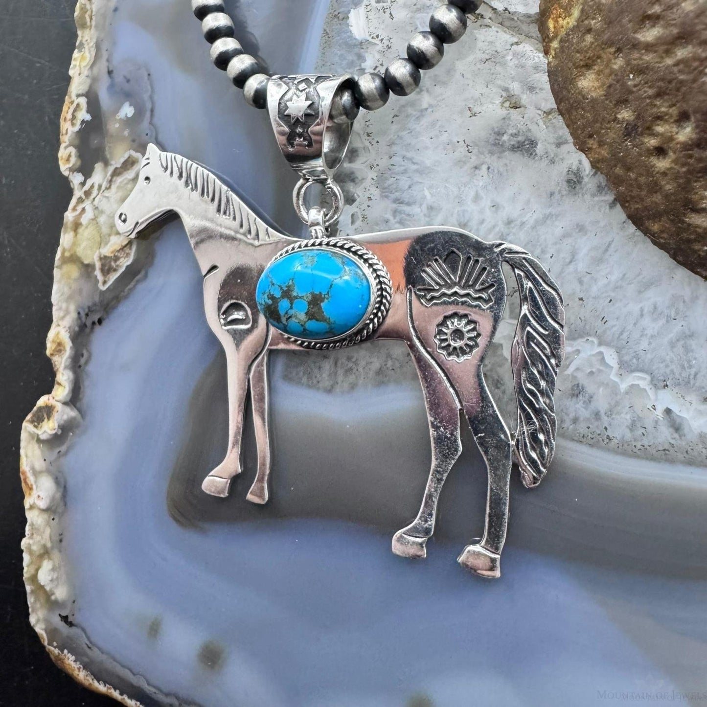 Sterling Silver Turquoise Stamped Indigenous Symbols Horse Unisex Pendant