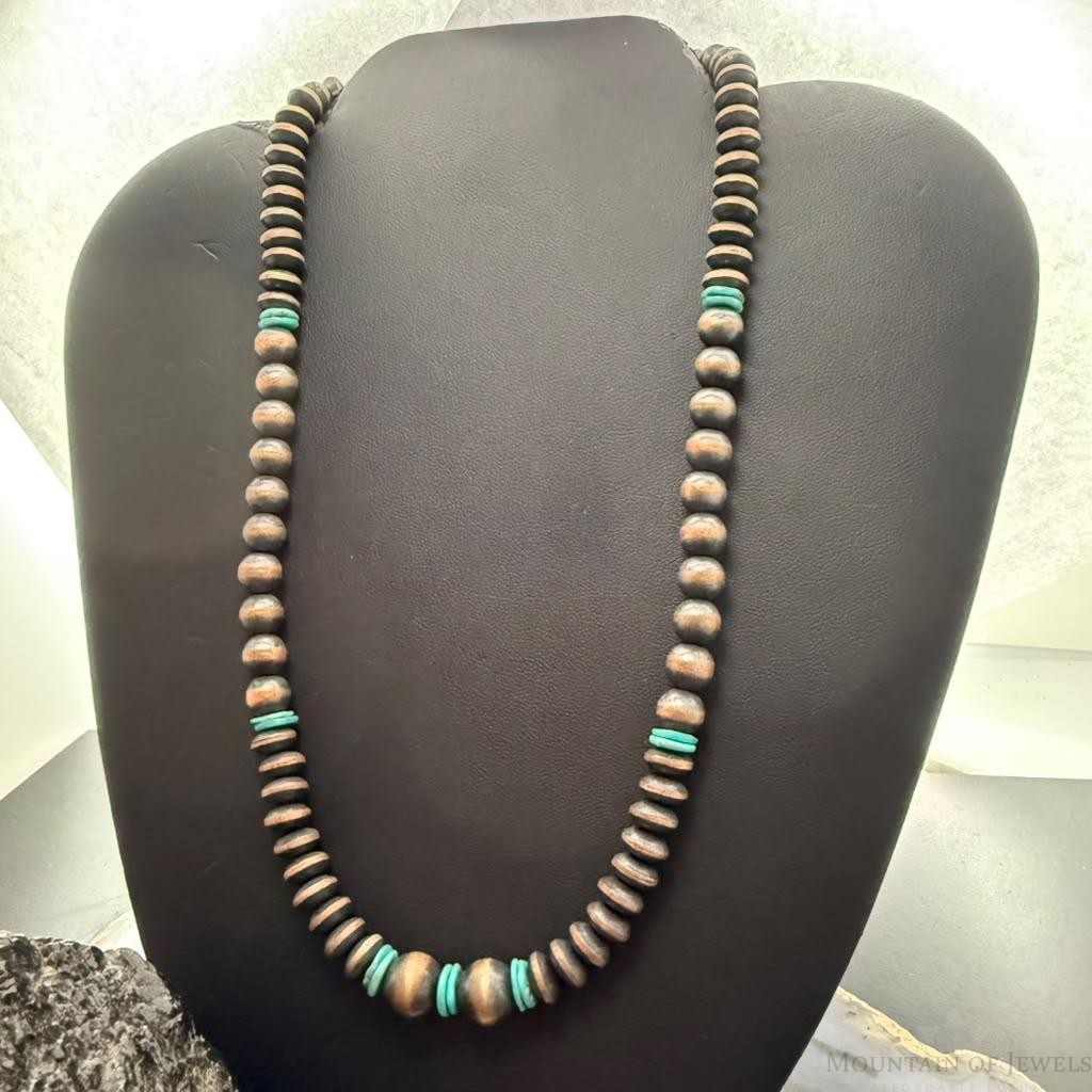 Southwestern Style Copper Navajo Pearl Round,Saucer & Turquoise 18"-20" Necklace For Women