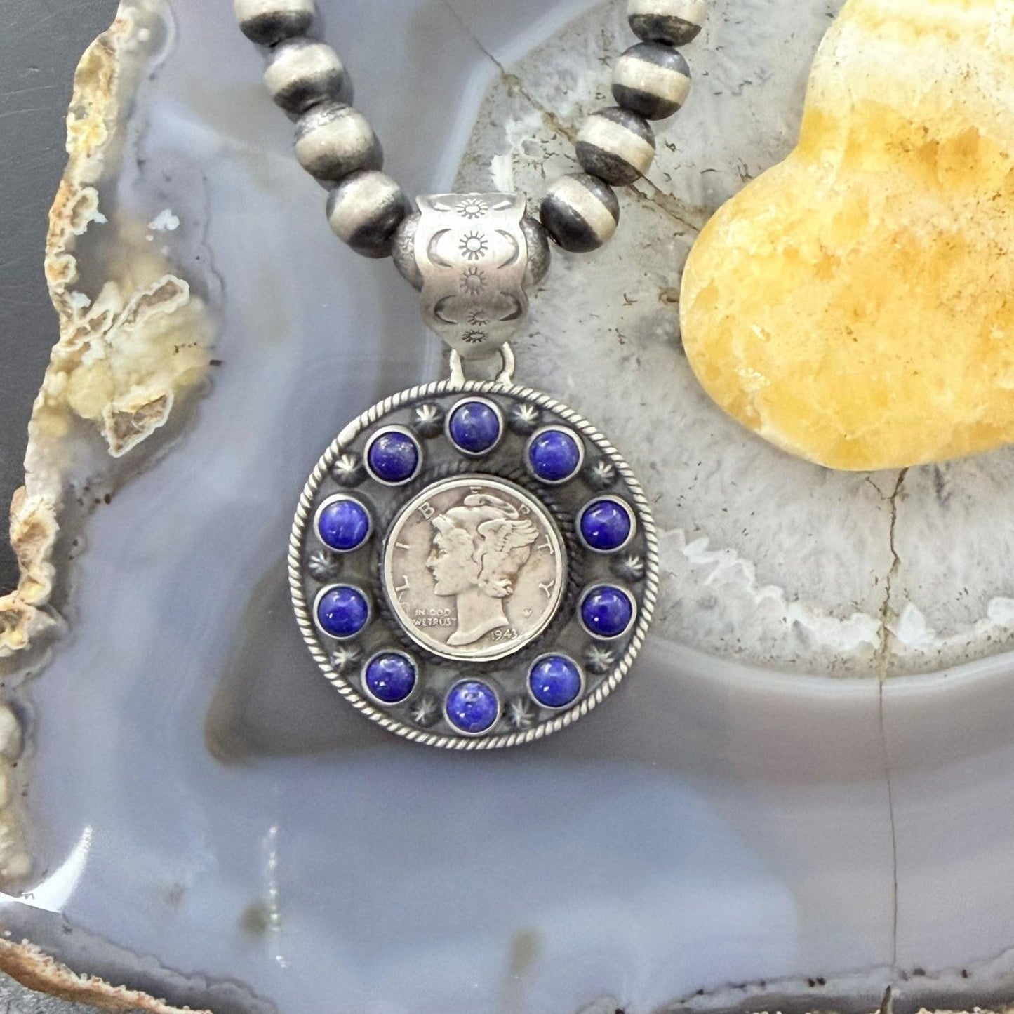 Genuine 1943 90% Silver Mercury Dime Coin w/Lapis Decorated Unisex Pendant