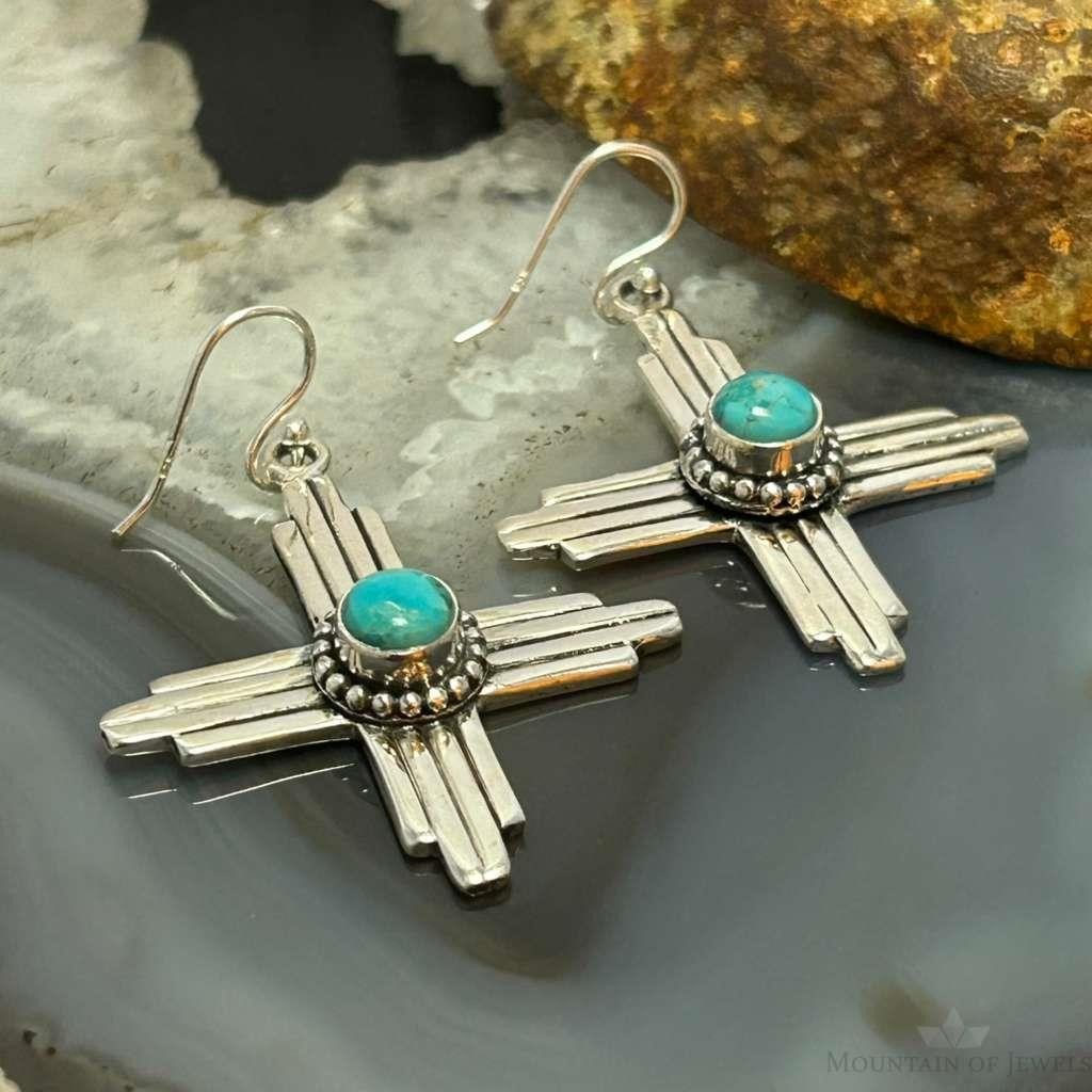 Sterling Silver Southwestern Style Round Mohave Turquoise Zia Dangle Earrings For Women