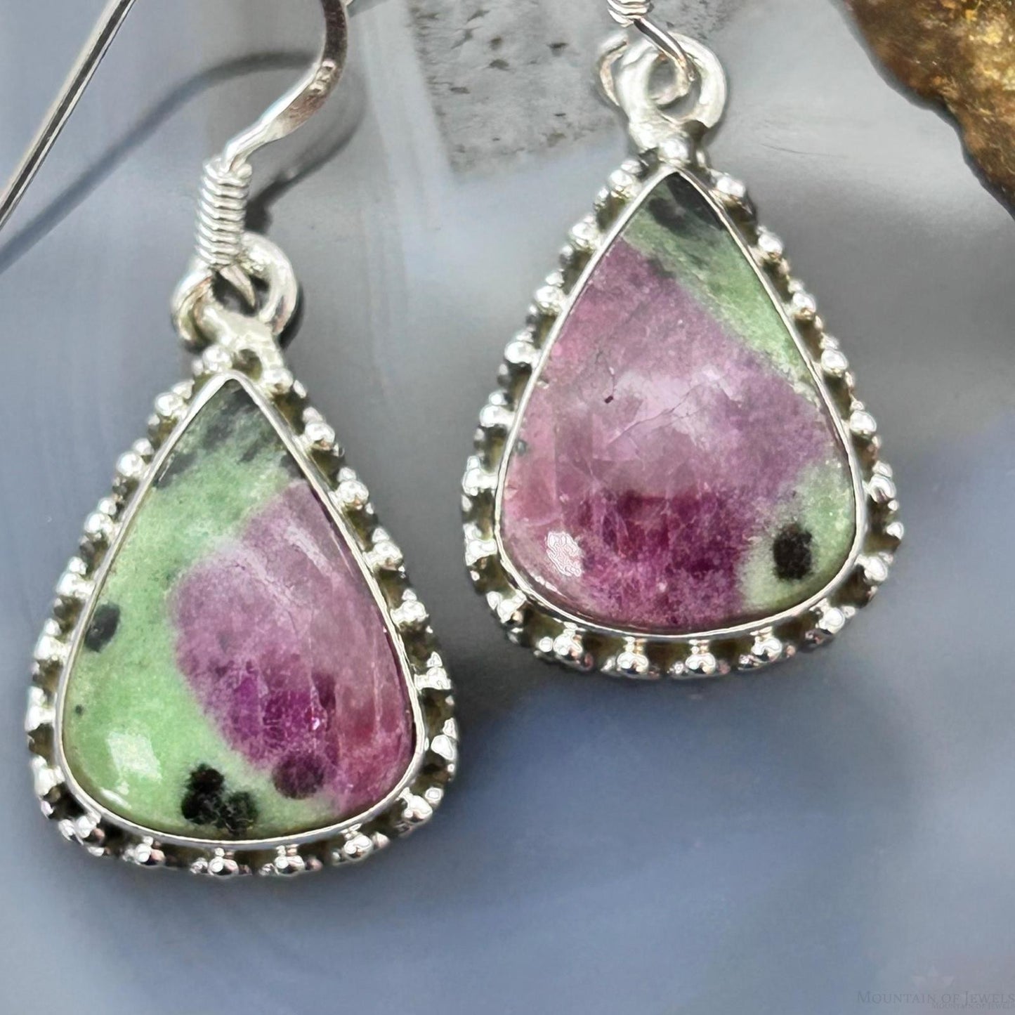 Sterling Silver Southwestern Style Teardrop Ruby Zoisite Dangle Earrings For Women