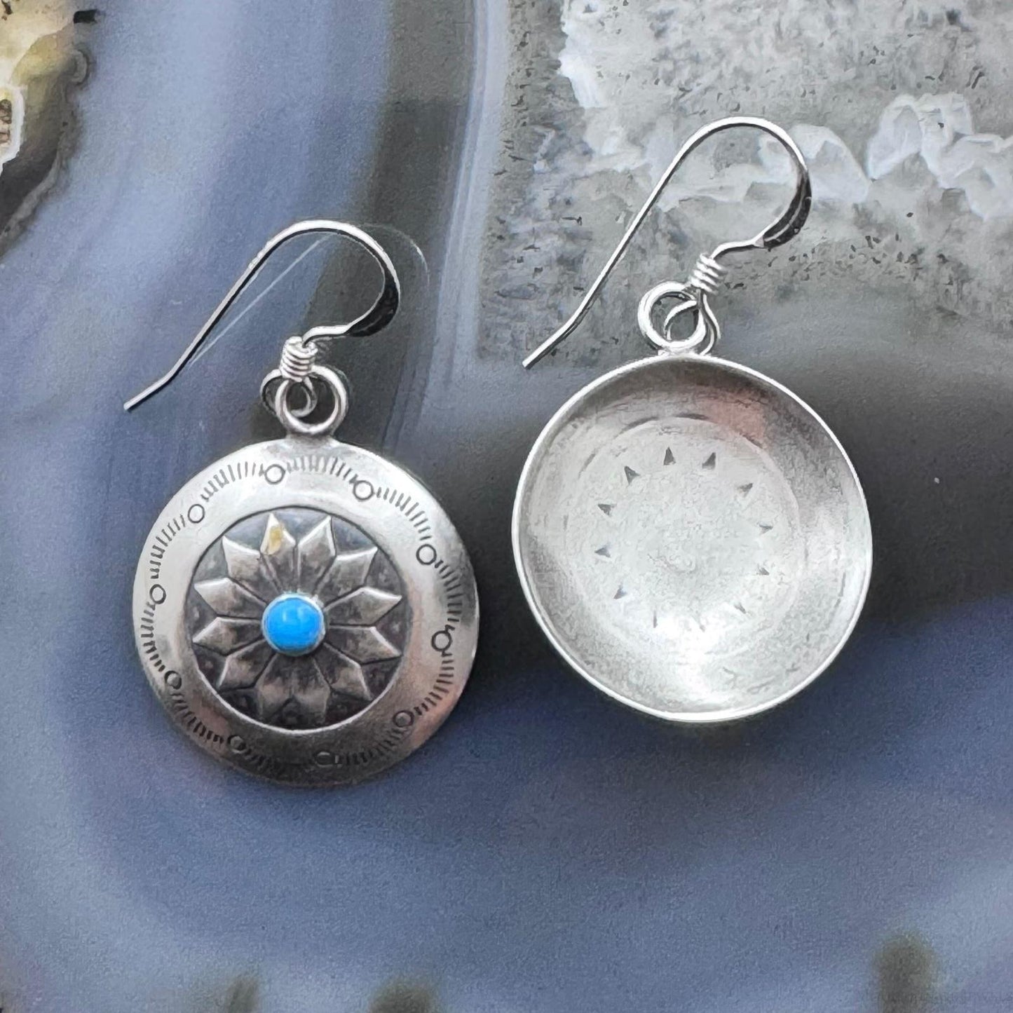 Native American Sterling Silver Turquoise Dot Stamped Concho Dangle Earrings For Women