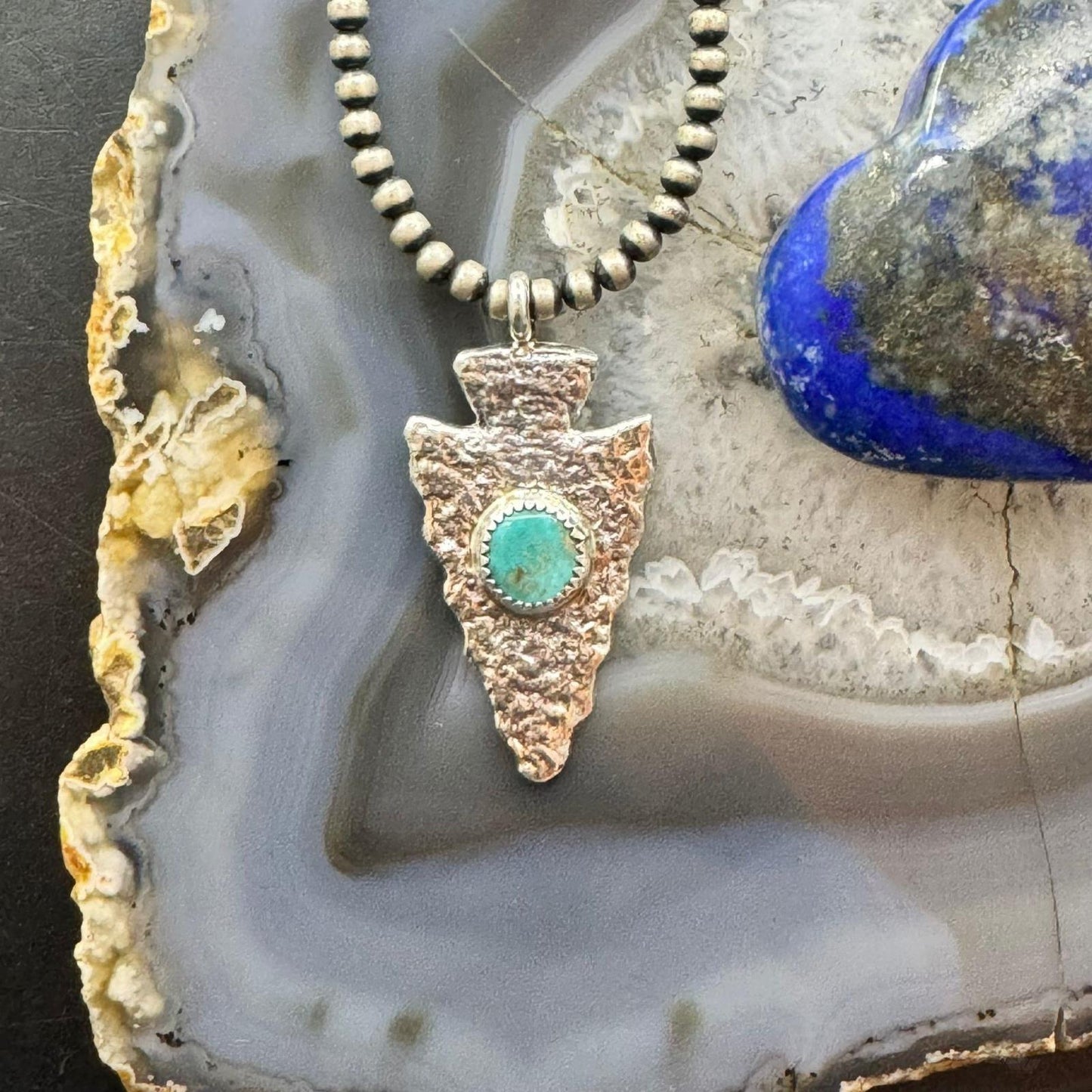 Gary Custer Native American Navajo Sterling Silver Tufa Cast Turquoise Arrowhead Unisex Pendant #3