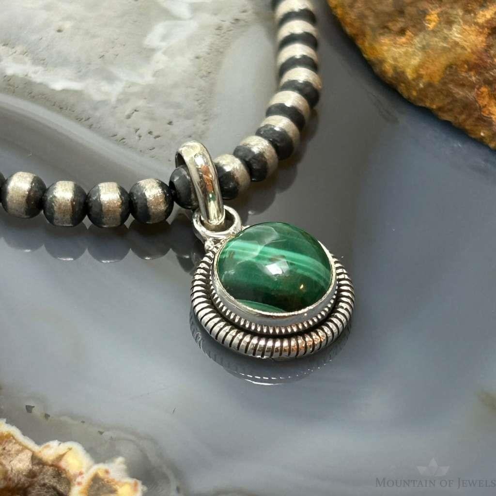 Sterling Silver Southwestern Style Round Malachite Decorated Charm/Pendant For Women