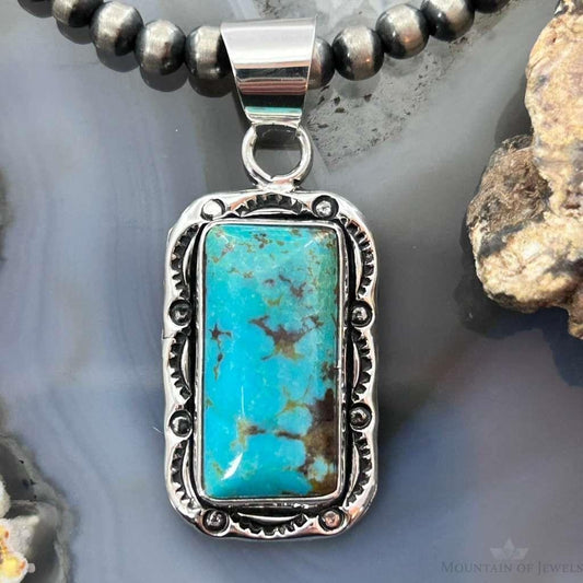 Native American Sterling Silver Rectangle Turquoise Decorated Pendant For Women