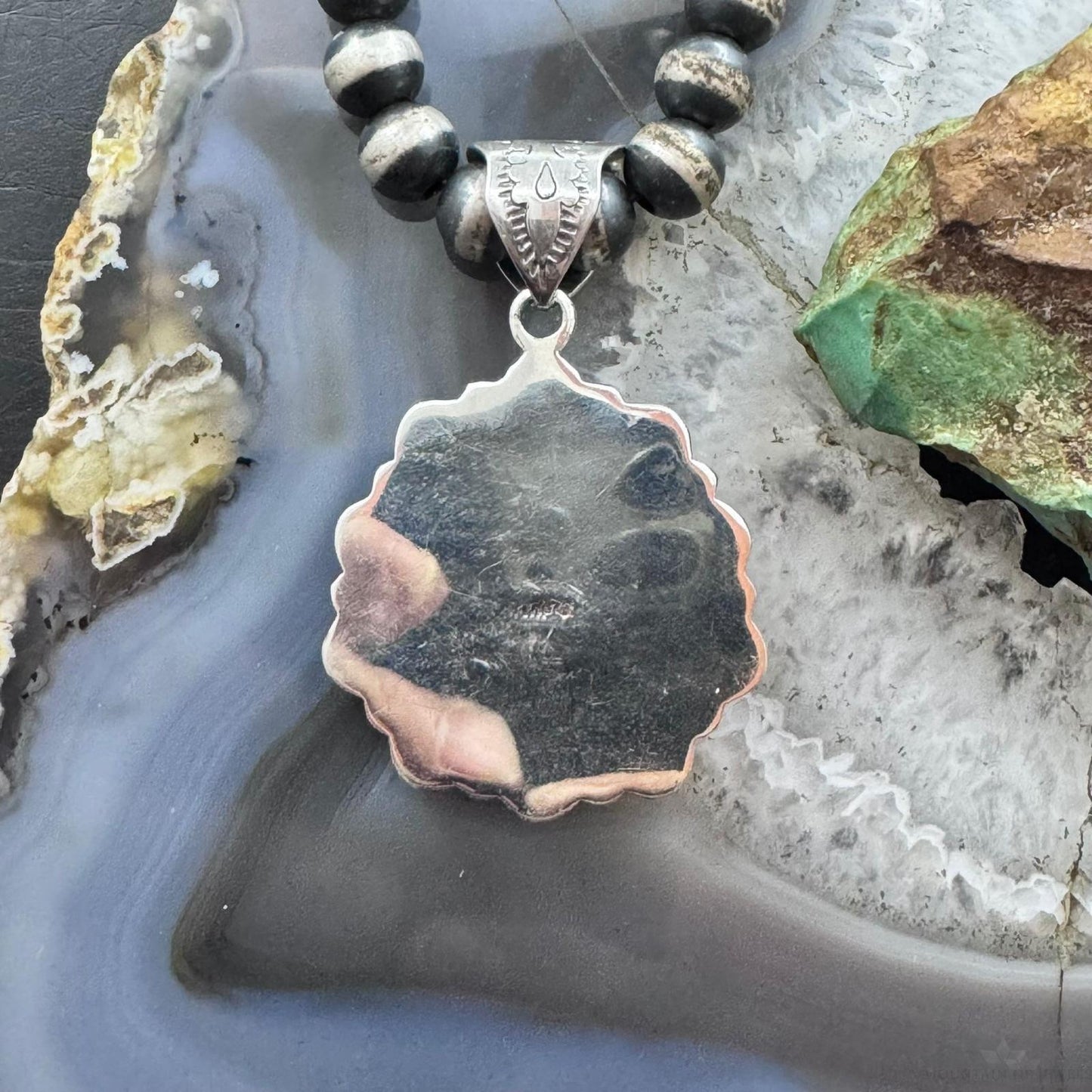 Native American Sterling Silver Green Turquoise w/Phosphosiderite Cluster Pendant For Women