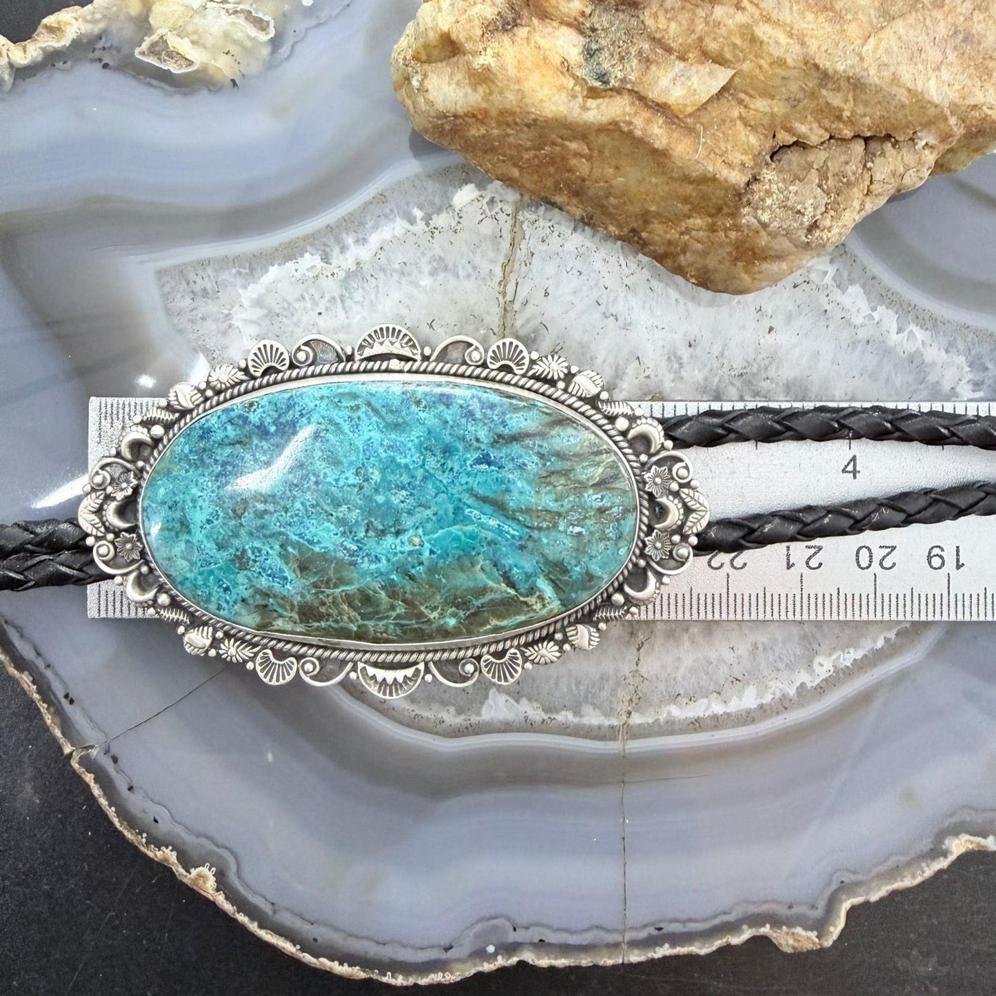 Sterling Silver Southwestern Style Large Oval Chrysocolla Bolo Tie For Men